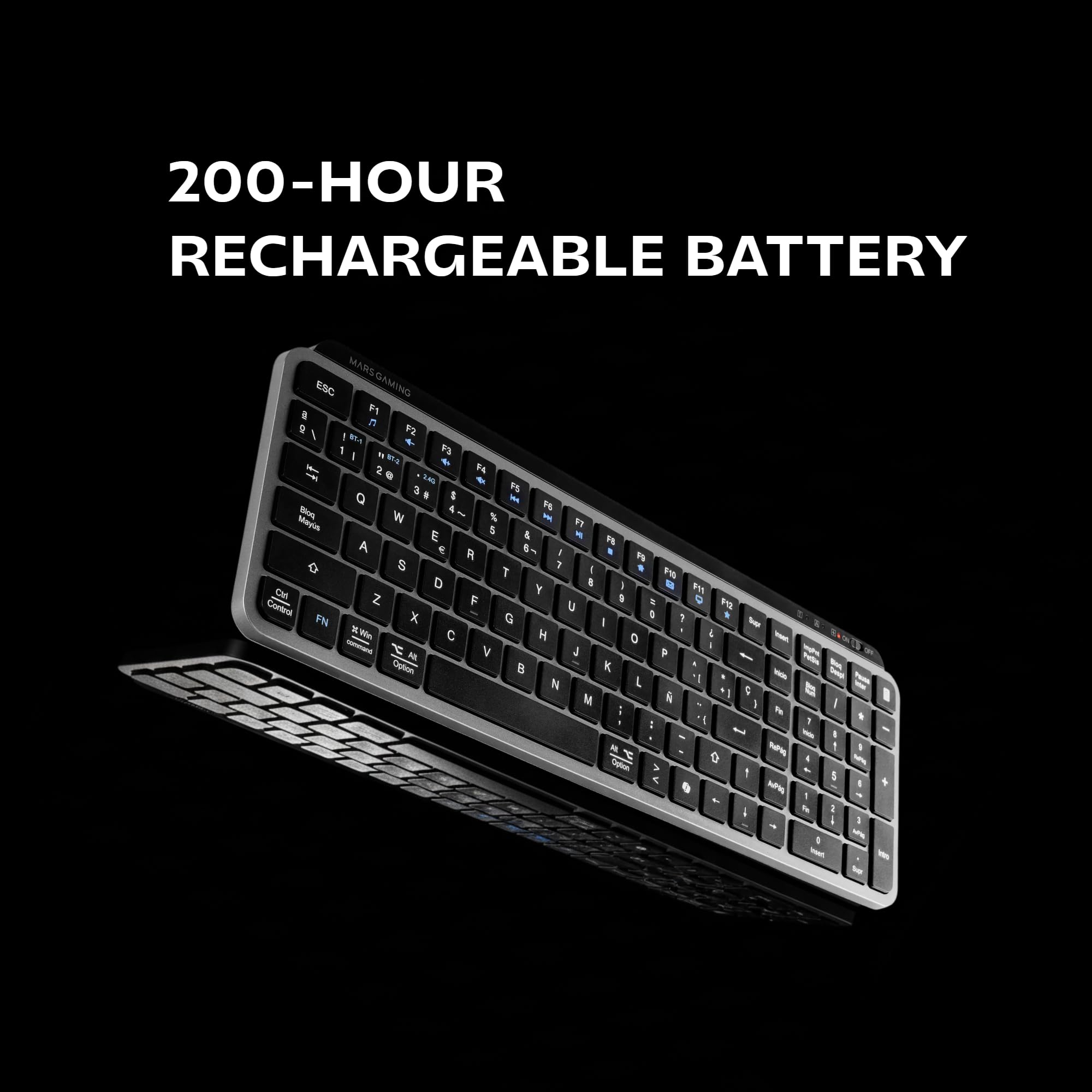 Mars Gaming MK-SILENKEYS, Bezprzewodowa Kompaktowa Klawiatura Pełnowymiarowa, Niski Profil, Ciche Przełączniki Nożycowe, Copilot AI, Bluetooth 5.1 Dual + 2.4GPRO, 200h, PC/Mac, Angielski US, Czarny