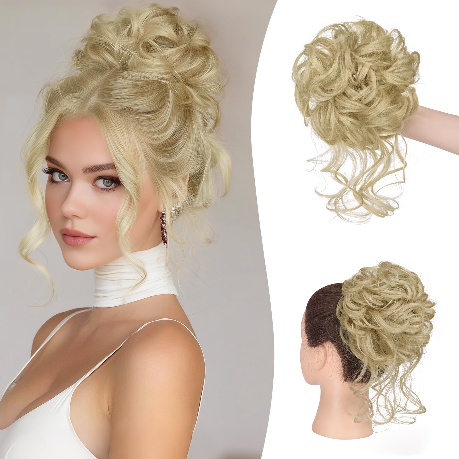 Sofeiyan Haarteil mit Gummiband Gelockt Dutt Haarteil mit Haaren Hochsteckfrisuren Synthetisch Messy Bun Haar Tousled Updo Haarteile für Frauen,Helle Aschblond