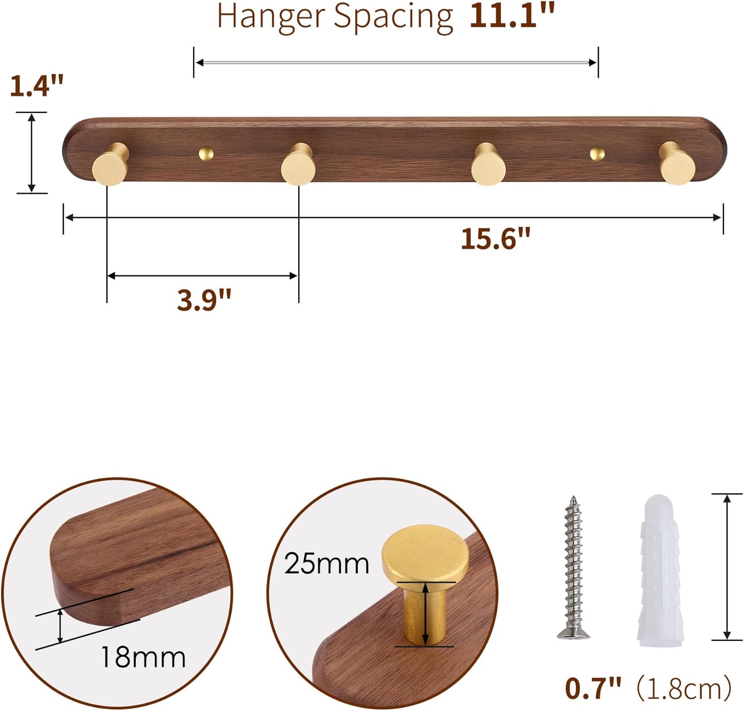 Wall Mounted Coat Rack, Entryway Hanging Rack, Metal Wood Coat Rail with 4 Rustic Hooks for Scarf, Bag, Towel, Key, Cup, Hat - Walnut Gold Matt