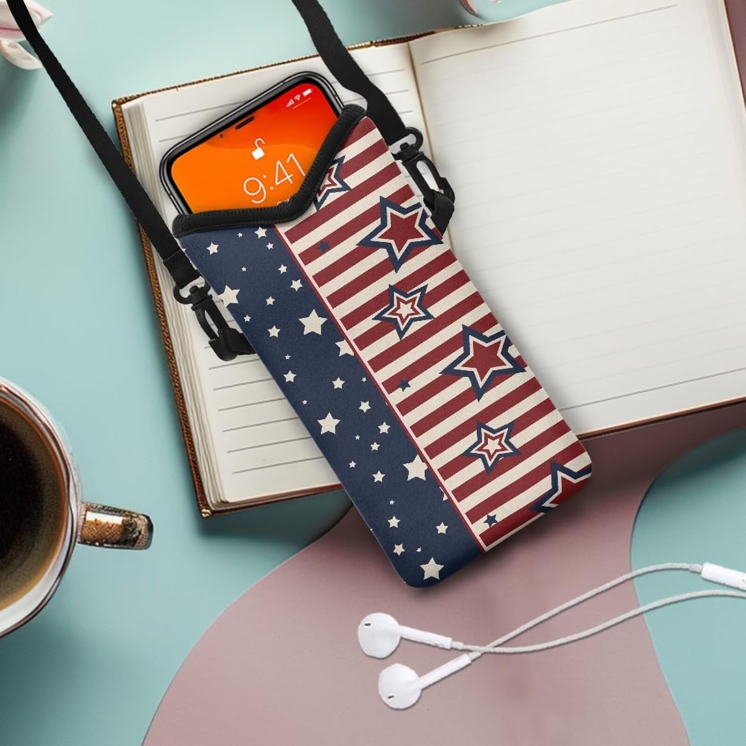 Neoprene Cellphone Sleeve Pouch Portable Phone Bag with Adjustable Carrying Strap, Hook and Loop Fastener Mobile Protection Case Bag, 4 X 8 Inch, American Flag Red White Blue Stripe Star image 2