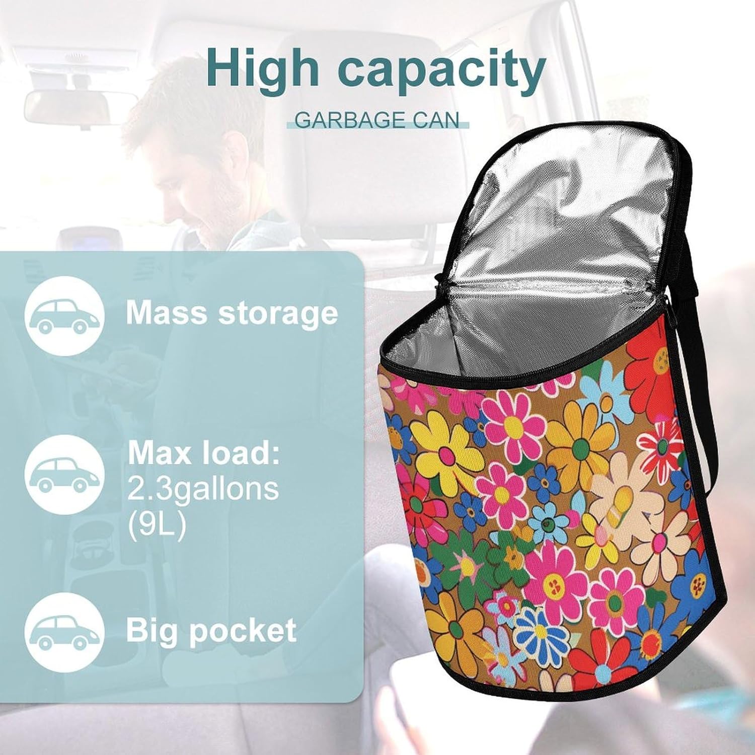 Hanging Car Trash Bag Protable Trash Can Bright Flower Style Waterproof Garbage Bin for Car