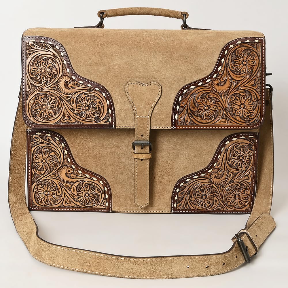 American Darling Hand-Tooled Genuine Suede Leather Western Briefcase – Buckstitch Floral Carved Work Bag with Multiple Compartments – Premium Artisan Craft