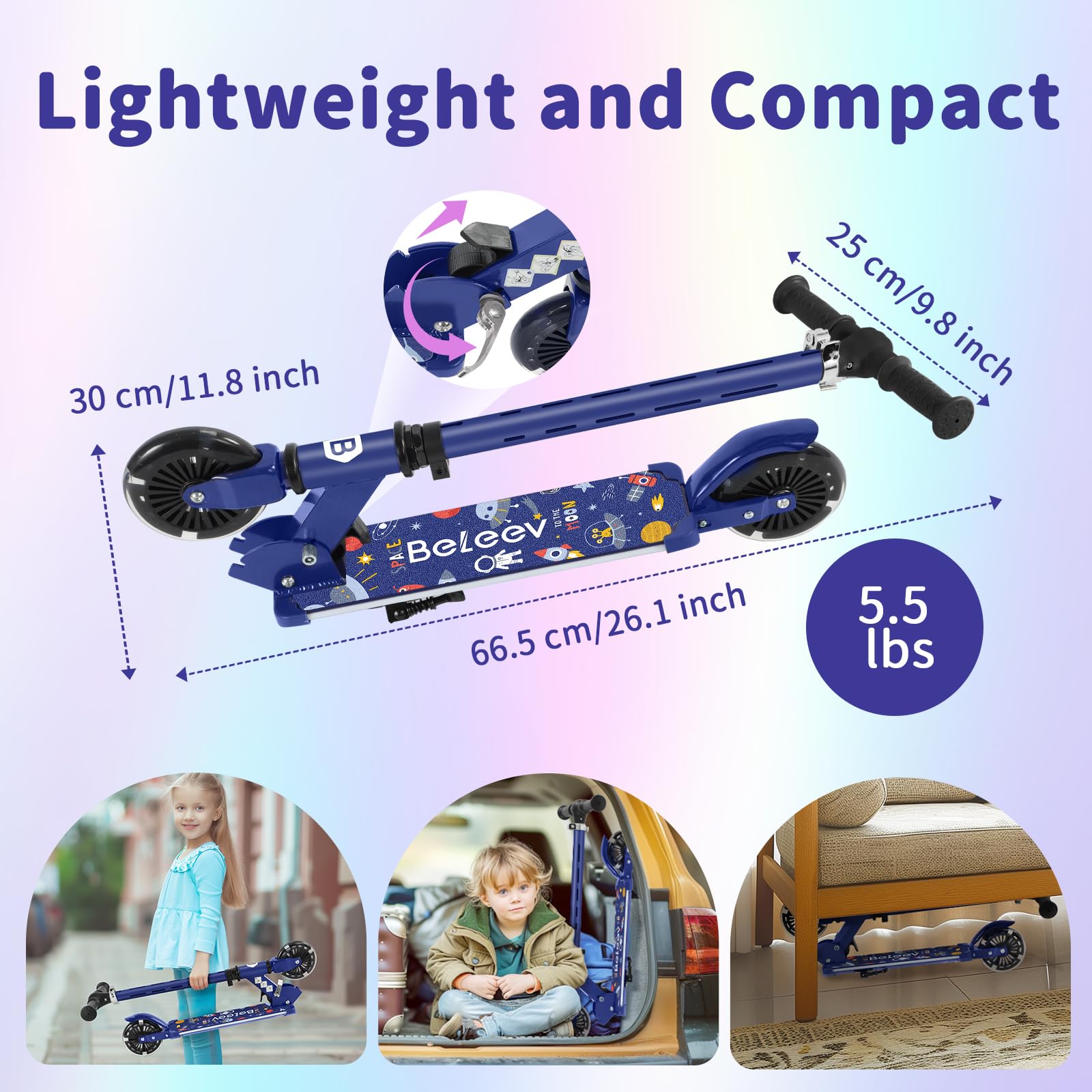 BELEEV V3 Trottinette pour Enfants avec Support, Scooter Pliable à 2 Roues | LED Roues Lumineuses, Stem & Deck, 4 Réglables en Hauteur, Trottinette pour Filles et Garçons de 3 à 12 Ans, Scooter