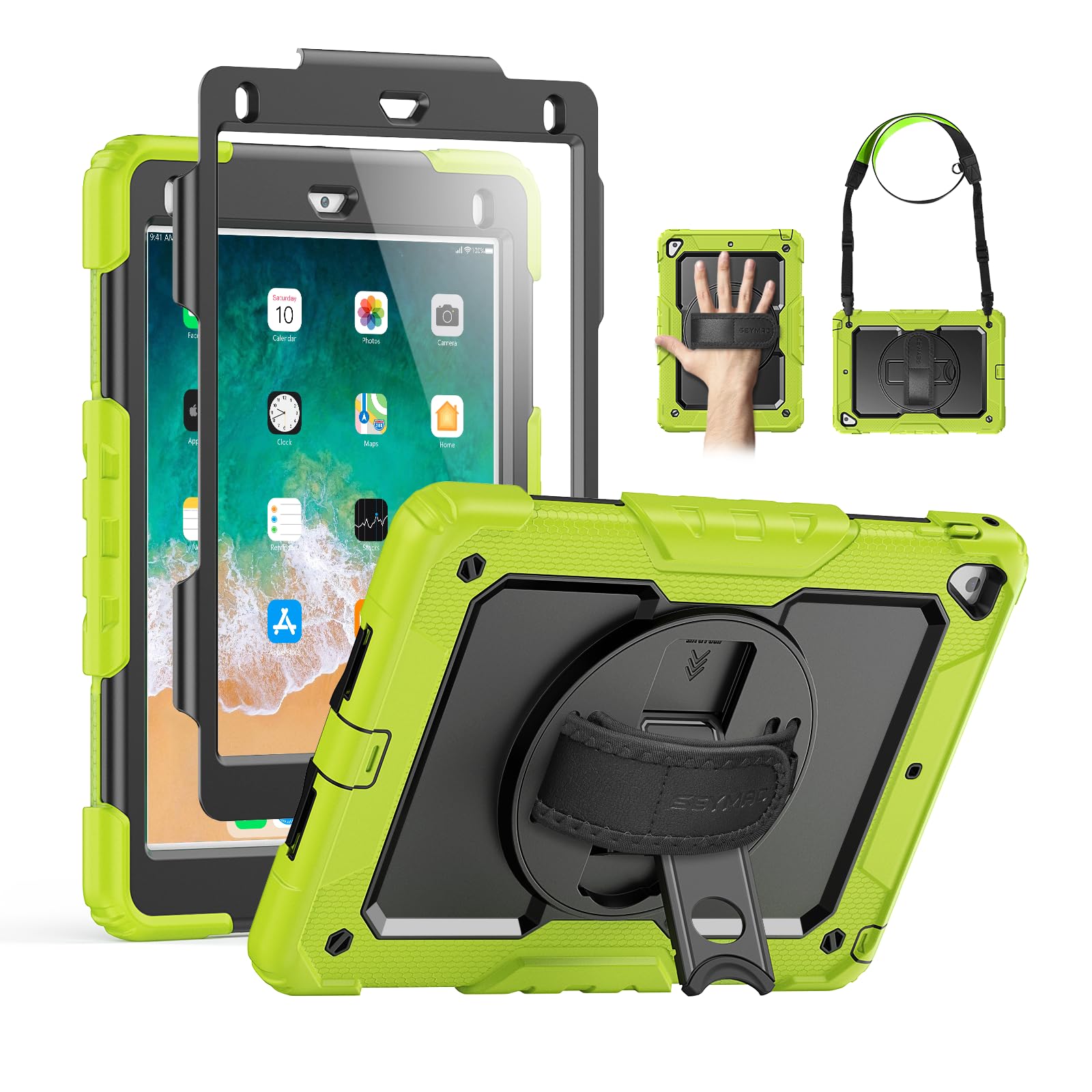 SEYMAC Funda Para iPad de 9,7 Pulgadas, Función Giratorio De 360 Grados [Correa De Mano y Correa De Hombro] Con Protector De Pantalla, Cuerpo a Prueba De Golpes y Funda Protectora Negro/Verde