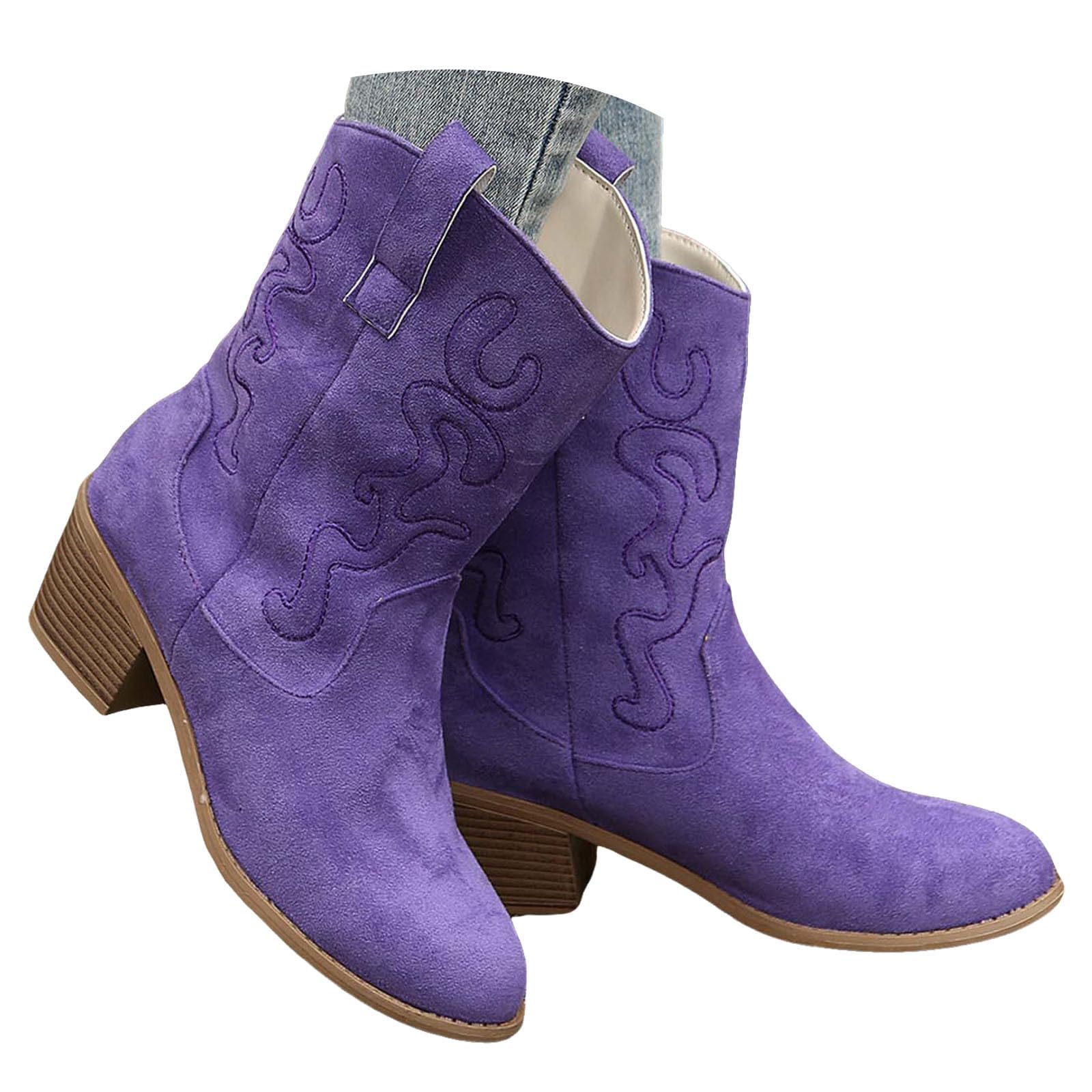 Cowboy Boots for Women Mid Calf Suede Cowgirl Western Embroidered Boot Pointed Toe Low Chunky Block Heel Fashion