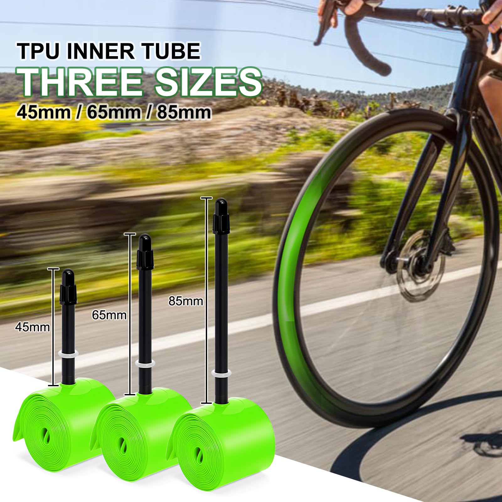 Tubo interior de TPU 700C × 18-32C para bicicleta: tubo ligero para bicicleta de carretera con válvulas Presta de 45 mm/65 mm/85 mm (incluye kit de reparación de parches de tubo de bicicleta)