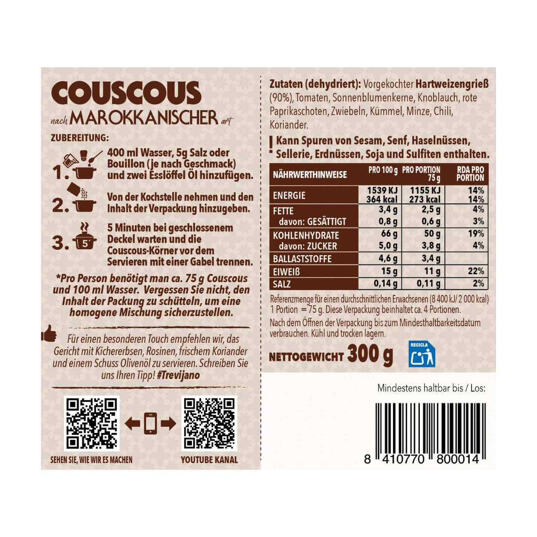 Trevijano Cous Cous Marocain: 6 barquettes de 300g chacune. Sans additifs ni conservateurs: Cous cous, tomate séchée, graines de tournesol, ail, poivron rouge, oignon, cumin, menthe, piment, coriandre