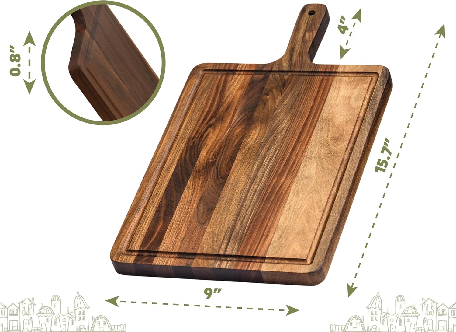 Premium American Dark Walnut Wood Cutting and Serving Board with Handle - Charcuterie Wooden Board - Durable, Stylish, and Versatile - Juice Groove - 16x9x0.8 in - Woodie Poppins - Image 2