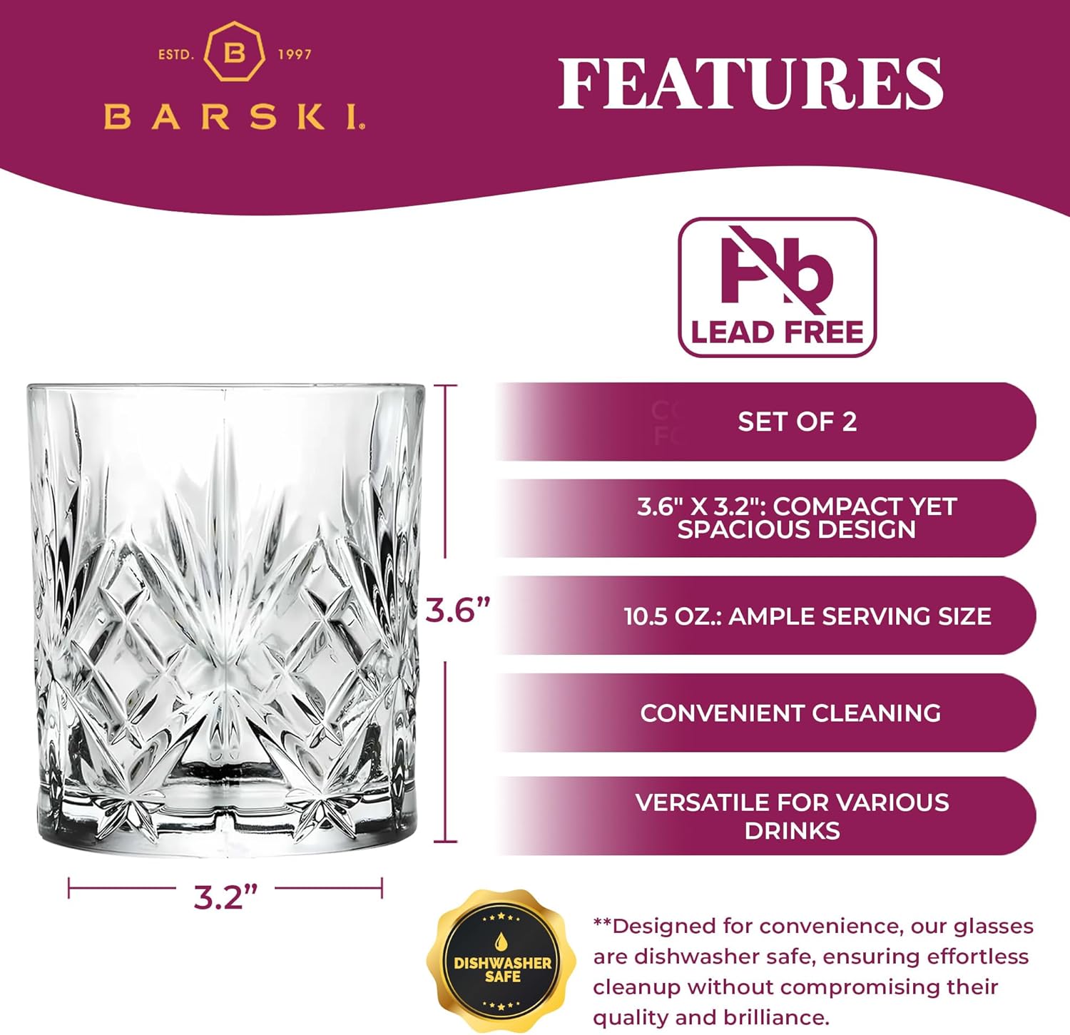 Barski Whiskey Glasses - Double Old Fashioned Rocks Glass - Set of 2 Lowball Tumbler - DOF Crystal Glass Tumblers - For Scotch - Bourbon - Water - Beverage - Drinking Glasses - 10.5 oz, Made in Europe - Image 5