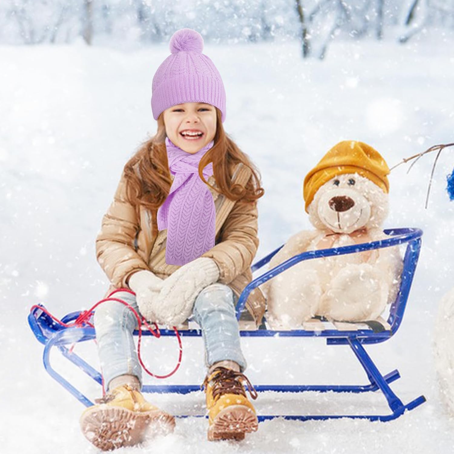 Kids Winter Beanie Hat Scarf Gloves Set, Toddler Winter Cap Knit Neck Warmer Gaiter Mittens for Children 2-8 image 5