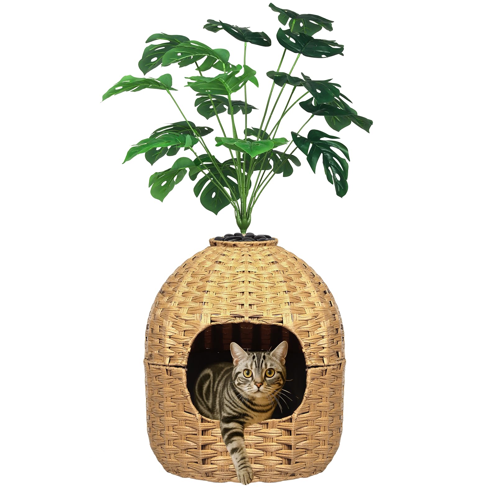 Hidden Cat Litter Box Plant Furniture Enclosure House w/ Faux Plant, Decorative Handwoven Rattan Round Planter Cat Bed for Indoor Cats w/ Odor Control
