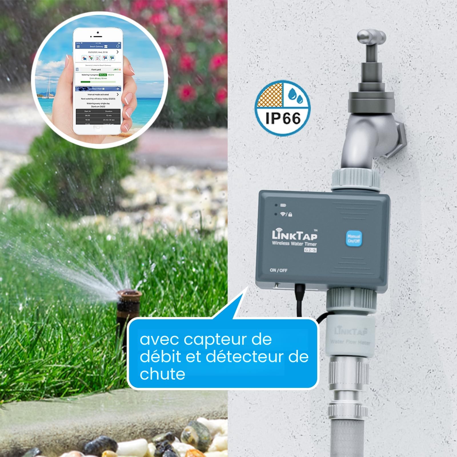 LinkTap G2S Programmateur d'arrosage Intelligent pour Jardin, Gateway Non Inclus, Adaptation météo, Détection et Notification d'Erreurs, Portée Plus Large Que WiFi, Autonomie de 2 Ans, IP66, Alexa