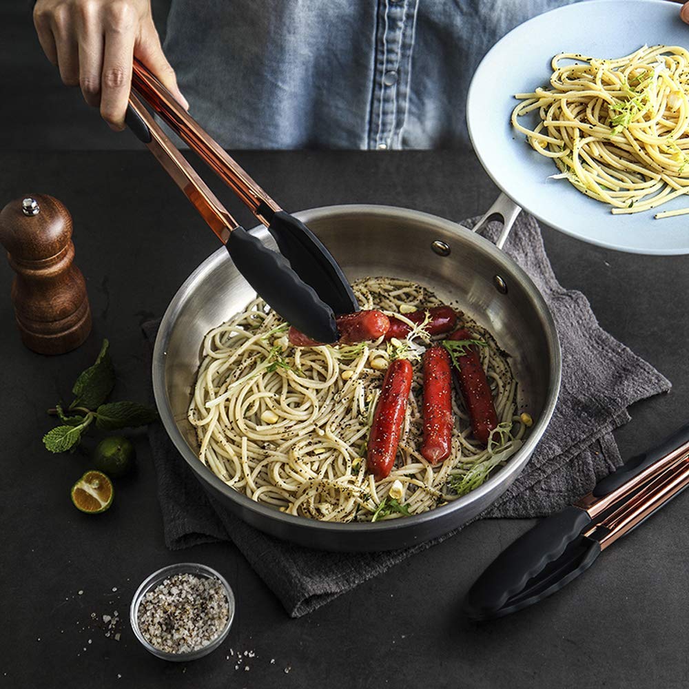Cooking Tongs-Rose Gold Tongs Copper Stainless Steel Silicone Tipped Kitchen Food BBQ and Cooking Tongs 30CM for Non Stick Cookware, BPA Fee, Locking, Grill Tongs(Black)