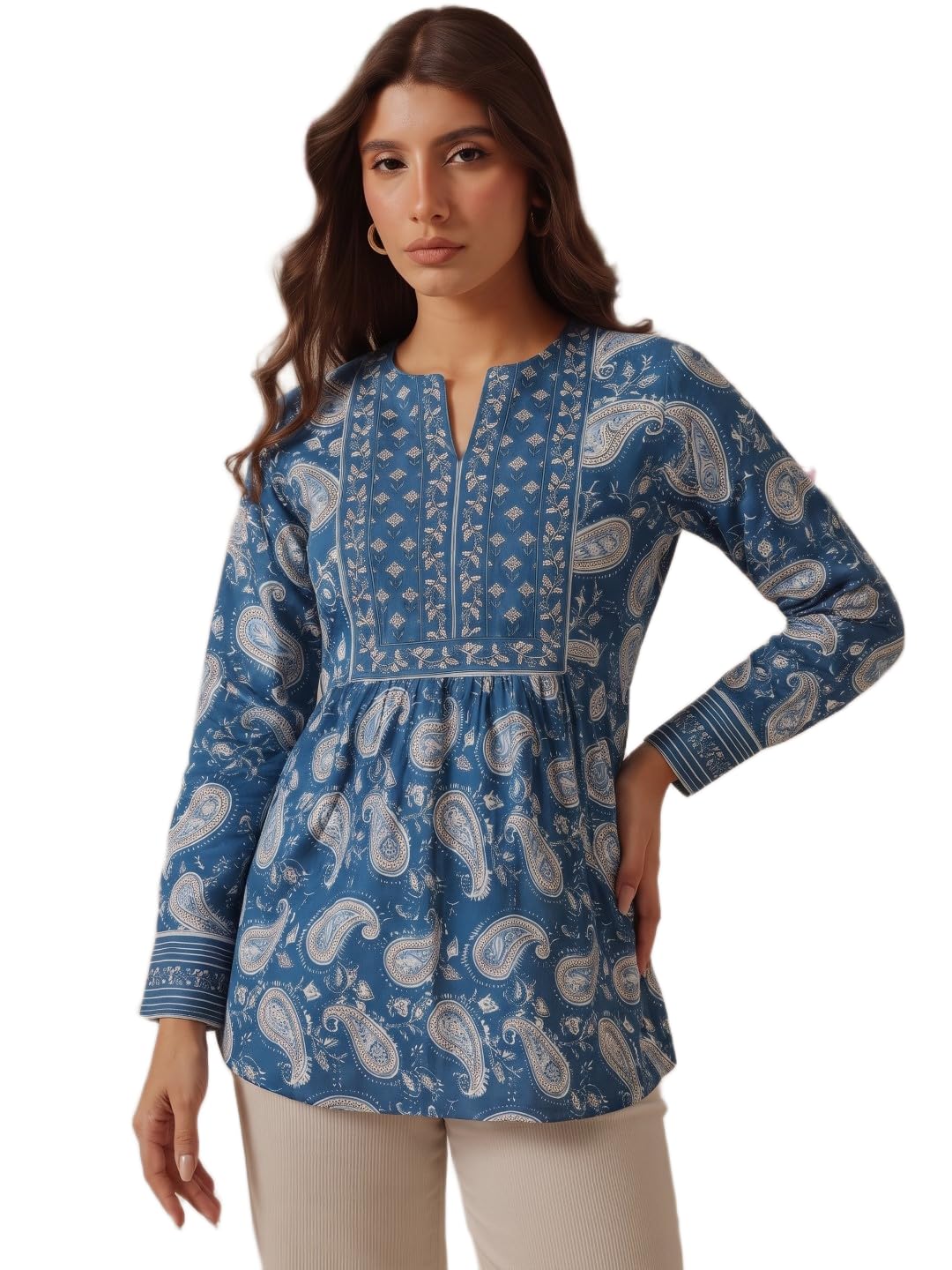 Women's Blue Paisley Print Rayon Frock | Full Sleeve A-Line Frock-image-42