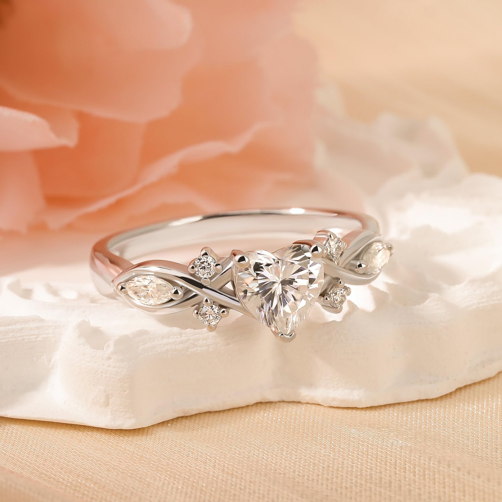 Damen Herzschliff Moissanit Ring Weinblatt Twist Bandring Marquise Stein Trauring Rundschliff Ehering Sterling Silber Herzring Retro Ewigkeitsring für Valentinstag Hochzeit
