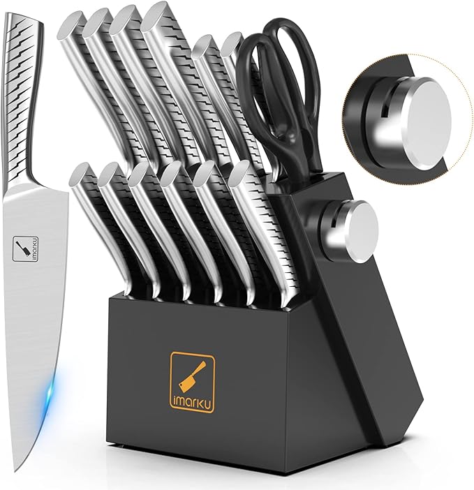 Knife Set, imarku 14PCS Knife Sets for Kitchen with Block, One-Piece Kitchen Knife Set with Built-in Sharpener
