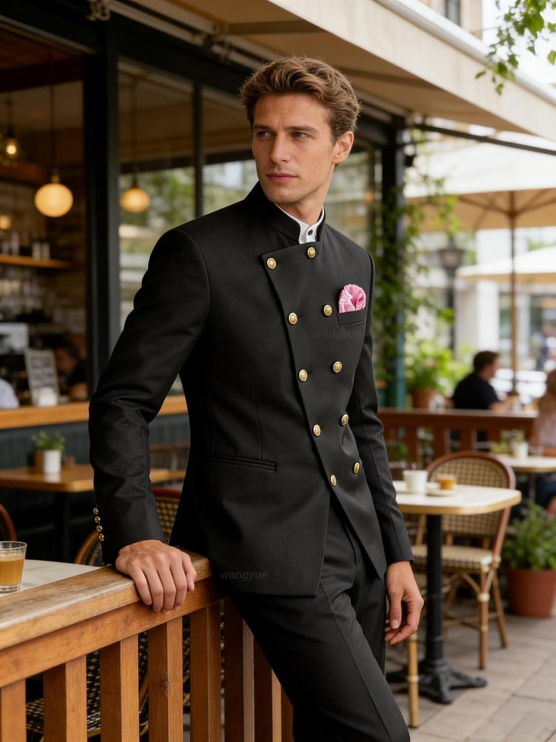 Wangyue Chinese Suits for Men Slim Fit 2 Piece Chinese Tunic Suit Double Breasted Mandarin Collar Suit Jacket Pant Set