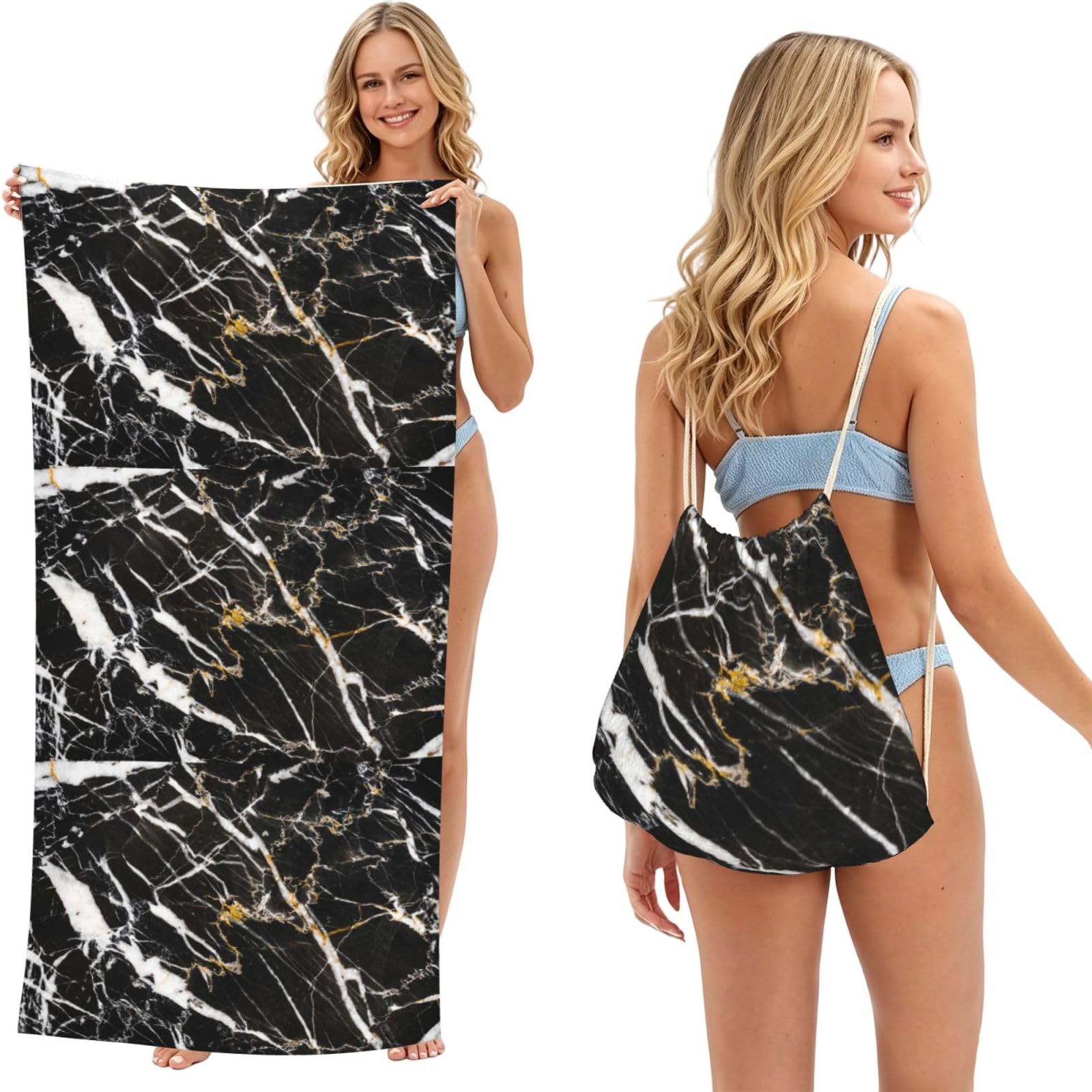 Poadnly As Picture Marble Fitted, 2 In 1 Packable Towel Bag, Beach Towels With Drawstring Backpack For Travel Holiday Camping