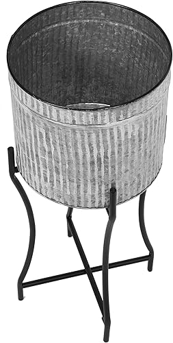 Miniatura 7 de SPOTISAN Juego de 2 macetas de granja con soporte, macetas redondas de metal corrugado, macetas grandes para plantas de exterior con soportes de