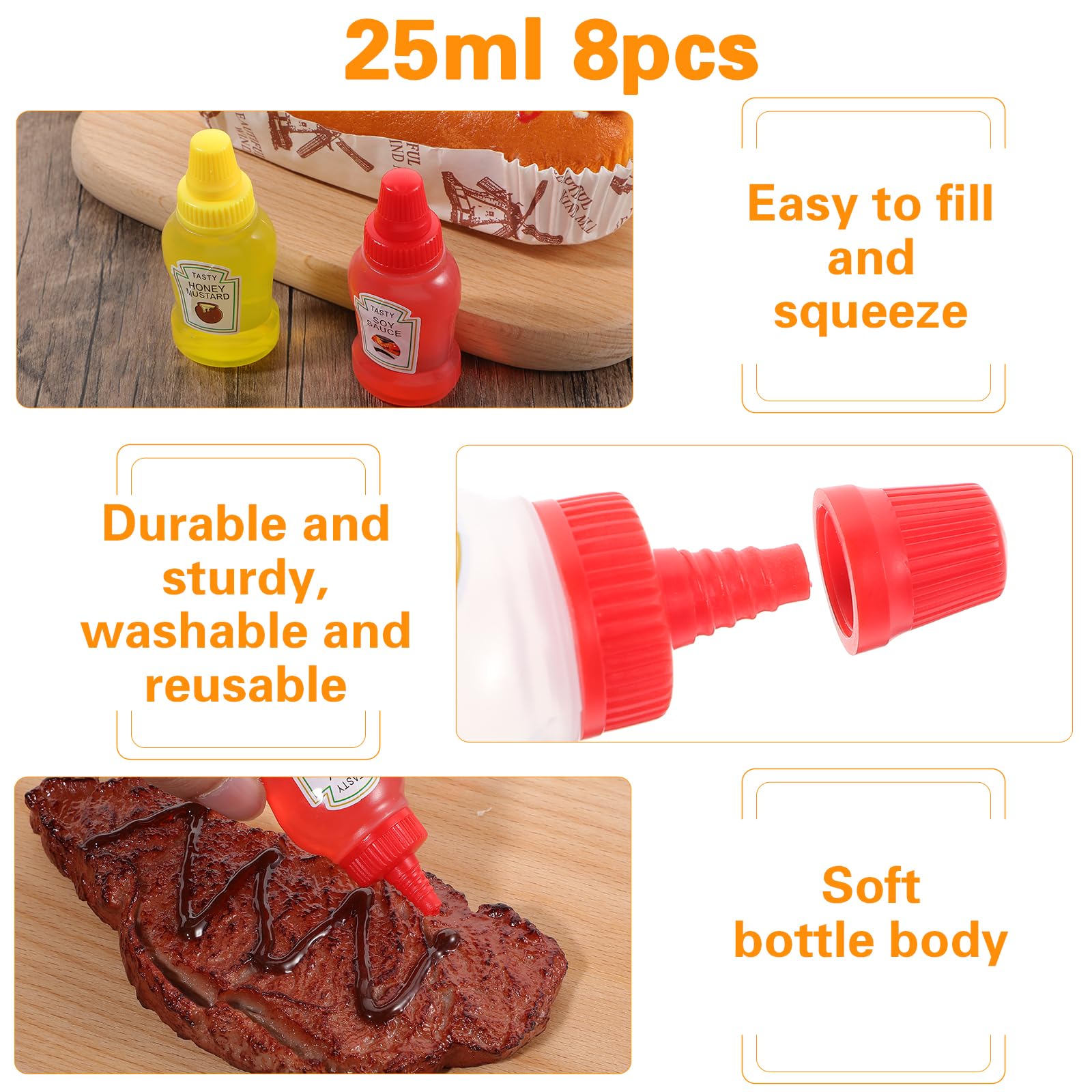 Ptwola 8 Pcs Mini Ketchup Bottles Condiment Squeeze Bottles Empty Plastic Portable Honey Salad Dressing Container Squirt Squeezable Jar Sauce Mustard Syrup Dispenser Bento Box Accessories 2