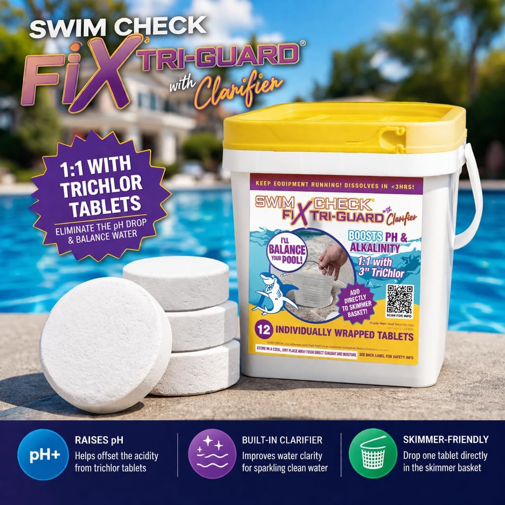 Fix Tri-Guard Pool Tablets w/Clarifier 445012| Raises pH & Supports Alkalinity | Offsets Trichlor Acidity | Skimmer-Friendly | Made in USA | 12 Tablets