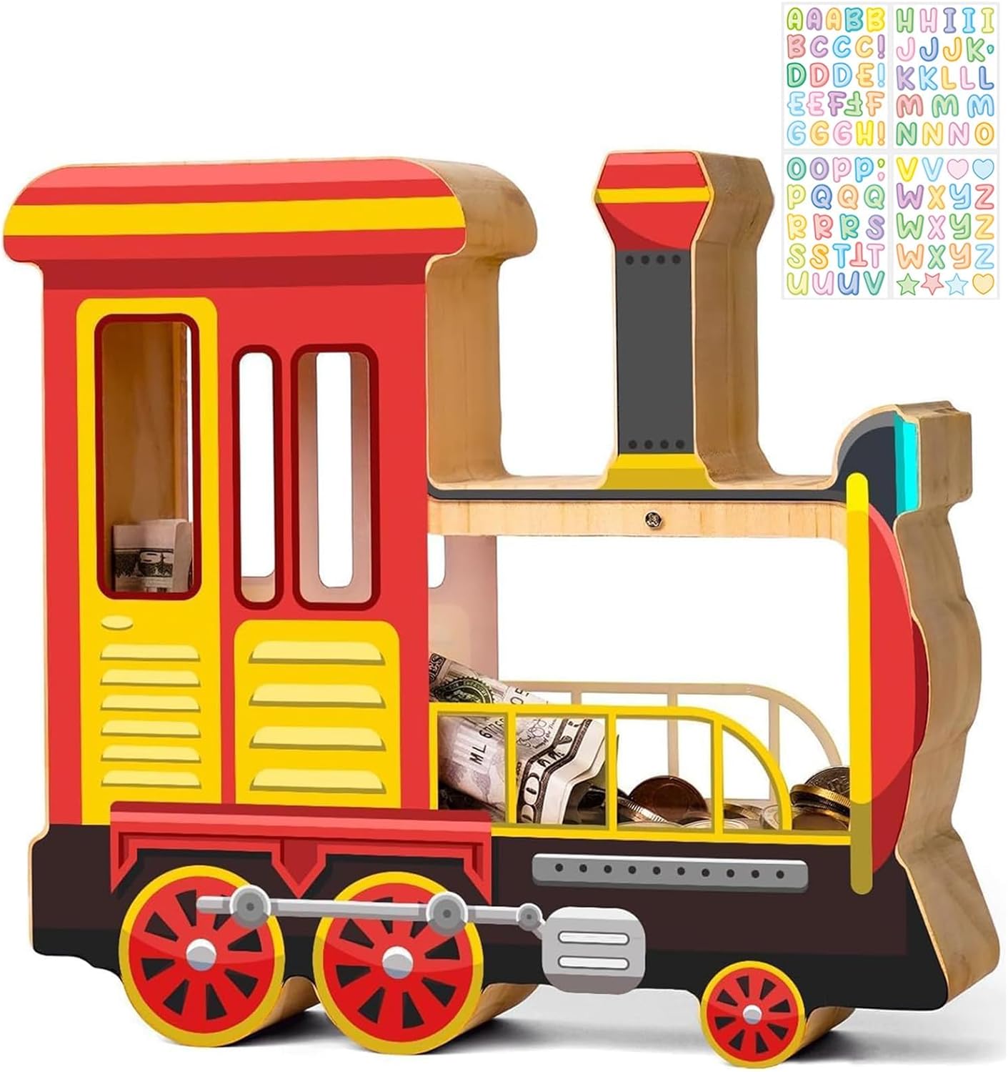 Wooden Locomotive Piggy Bank for Kids, Train Kids Money Box for Boys, Unbreakable Toddler Coin Jar for Boys Girls, Coin Bank with Stickers for Birthday Gifts, Educational Toys, Home Decor