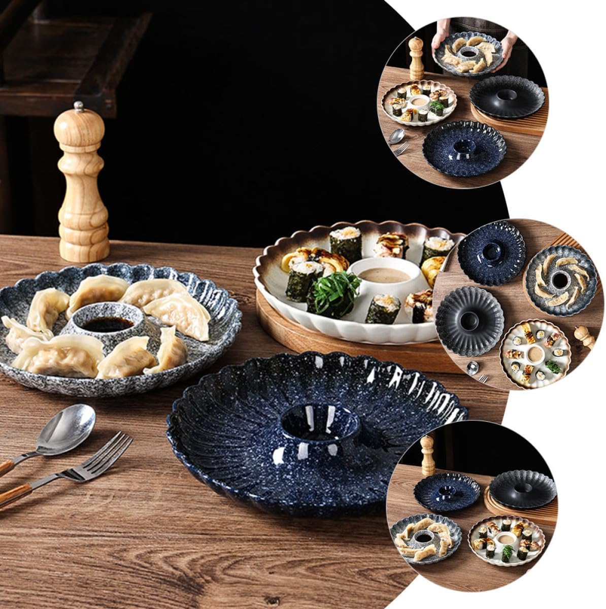 KICHOUSE Vintage Japanese Ceramic Sushi Plate Set, Dumpling Serving Dish with Golden Finish, round Creative Home Dining Platter for Sushi and Dumpling Dipping