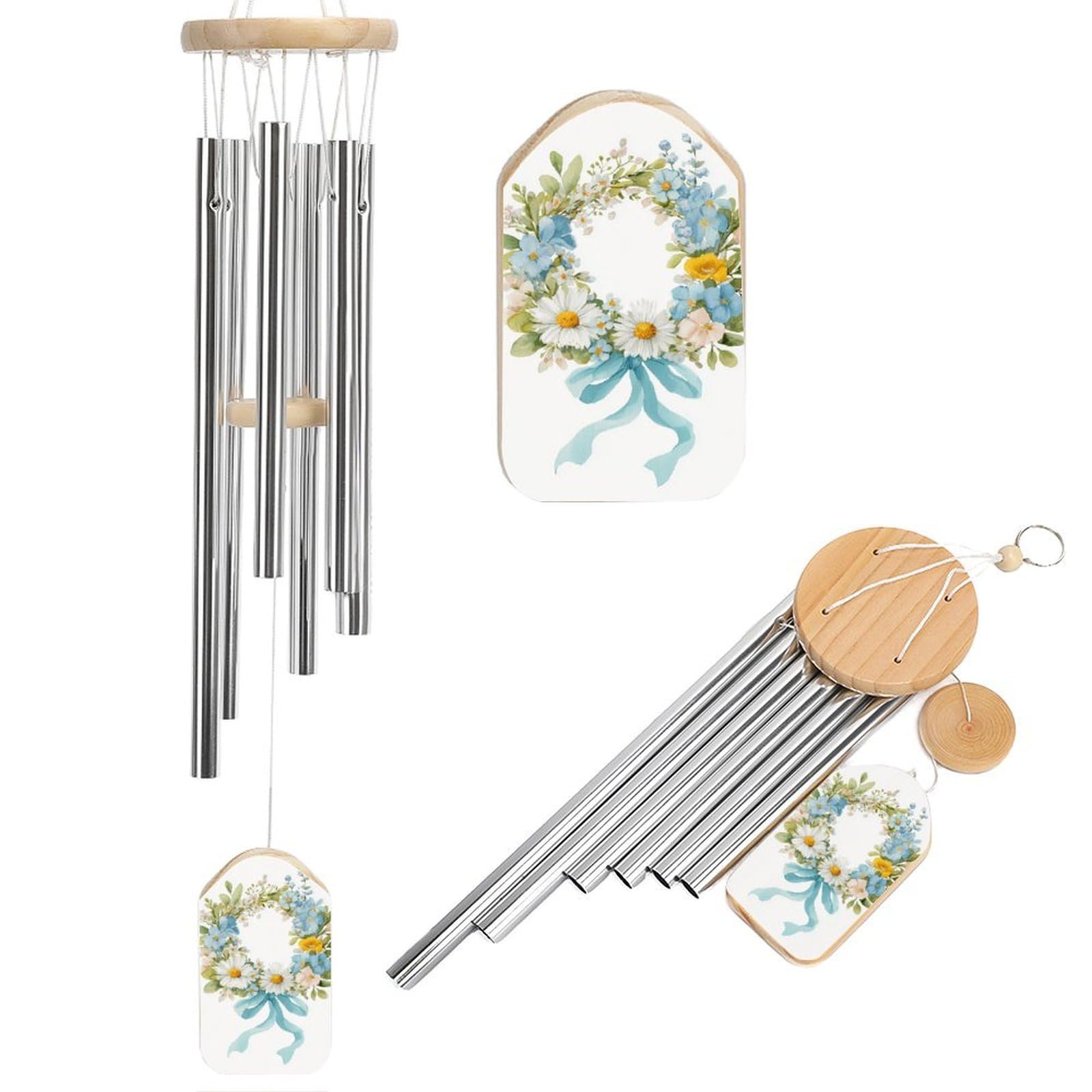 Watercolor Flower Wreath Tied Light Blue Ribbon Wind Chimes Memorial Deep Tone Windchime with 6 Aluminum Tubes Outdoor Backyard Garden Decoration