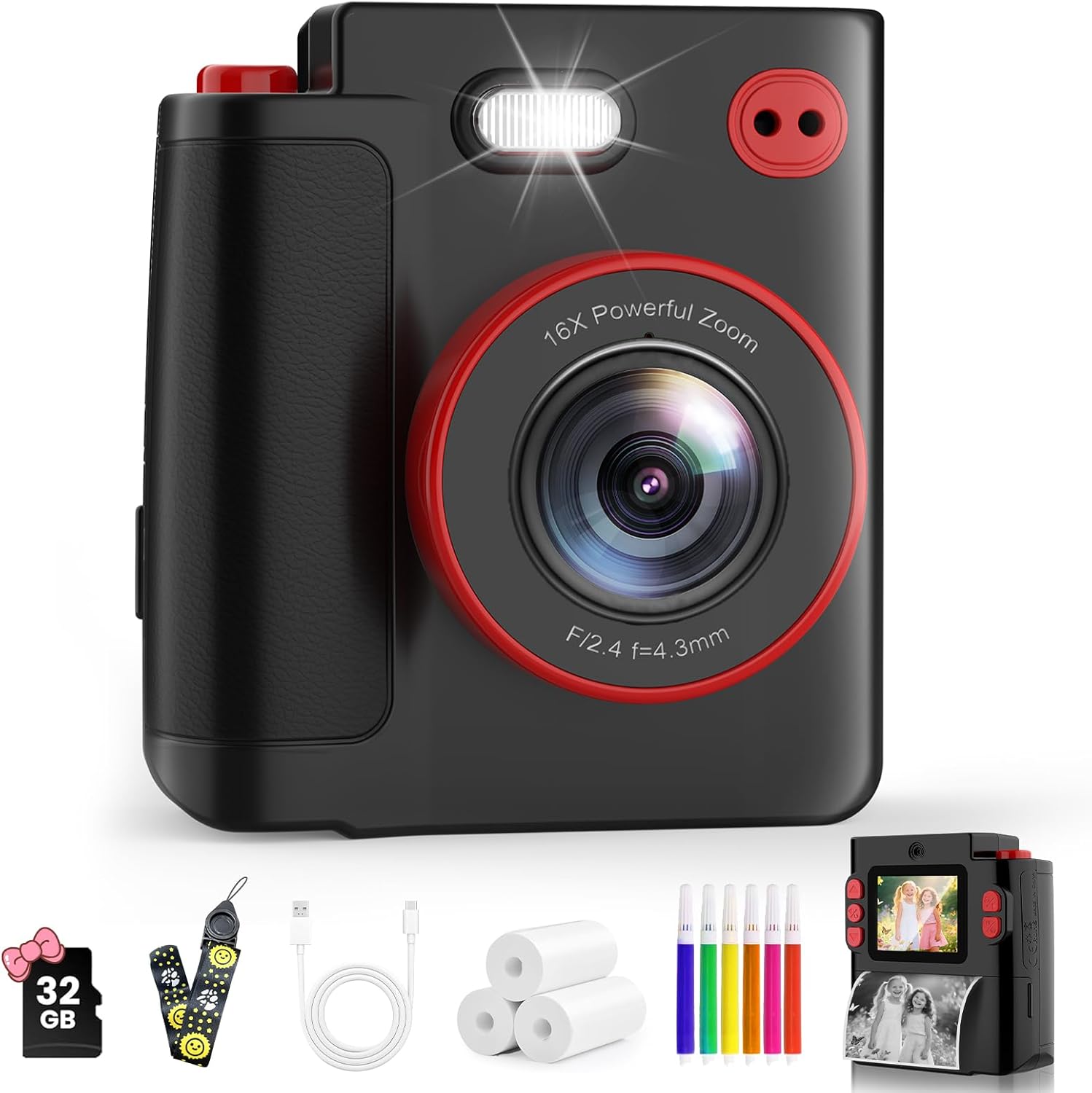 Kids Instant Camera, 1080P HD Instant Camera for Children with 32 GB Card & Photo Paper, Christmas Gift Toy Birthday Boy and Girl 3-12 Years