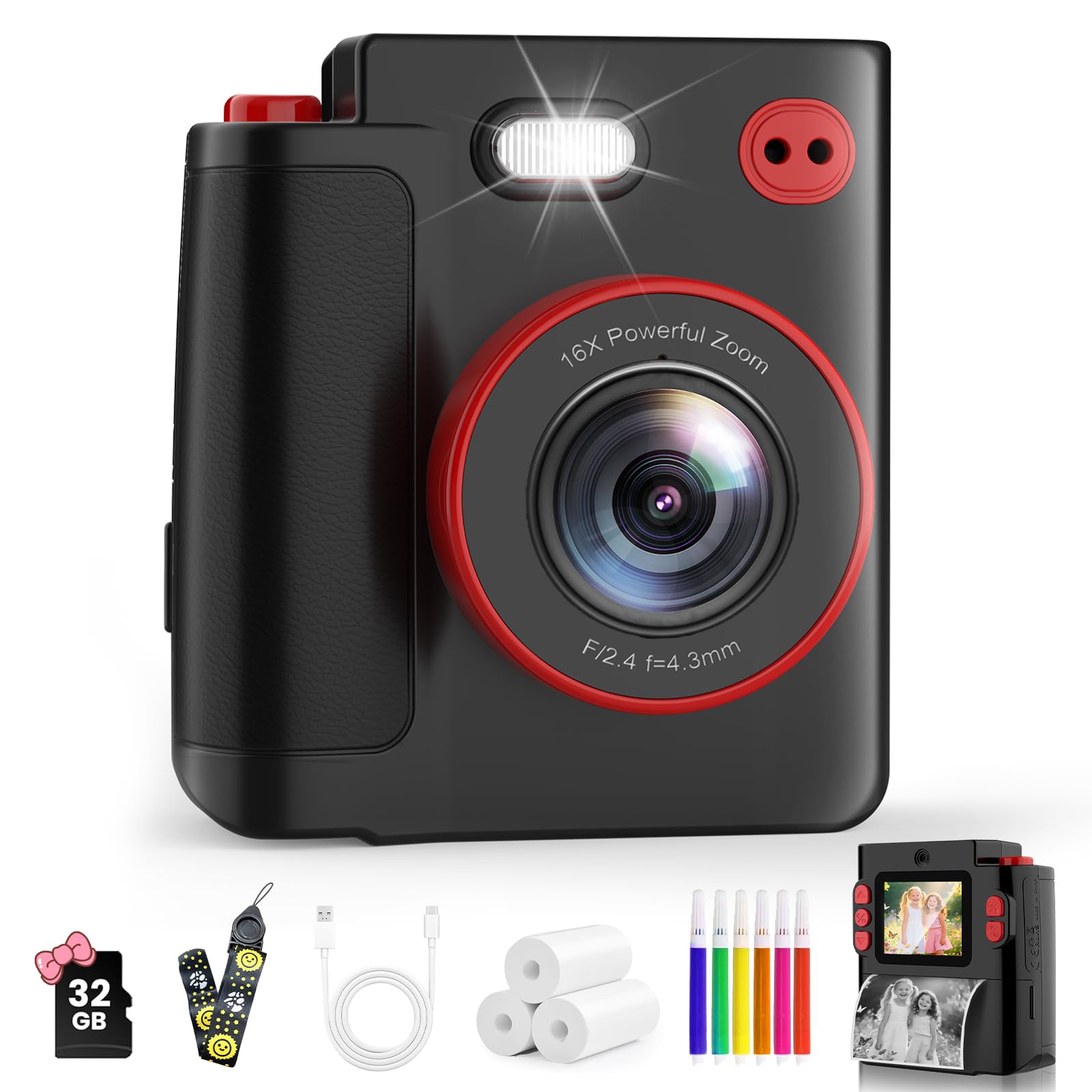 MYSTILUCK Macchina Fotografica Bambini Istantanea, 1080P HD Fotocamera Istantanea per Bambini con 32GB Scheda & Carta Fotografica, Giocattolo Regalo di Natale Compleanno Bambino e Bambina 3-12 Anni