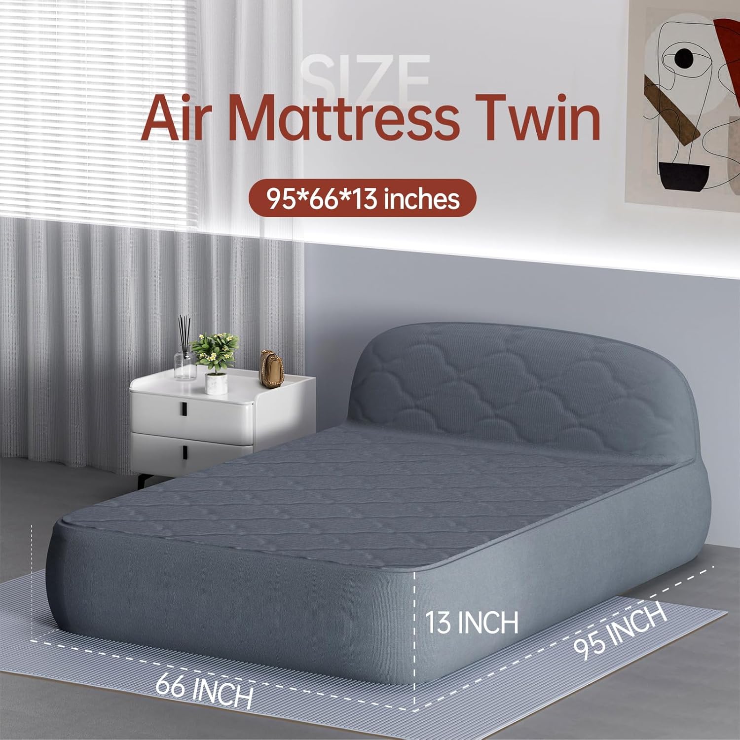 AirSlim Pro Series Luxury Air Mattress with Headboard 13" High Queen Mattress with Pump Portable Air Bed with Gray Cover 1500lb Weight Capacity for Family Guest Travel Camping