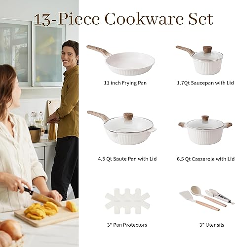 Miniatura 2 de Juego de ollas y sartenes antiadherentes de 13 piezas, juego de utensilios de cocina de piedra de granito, sin PFOA, incluye sartenes, cacerolas,