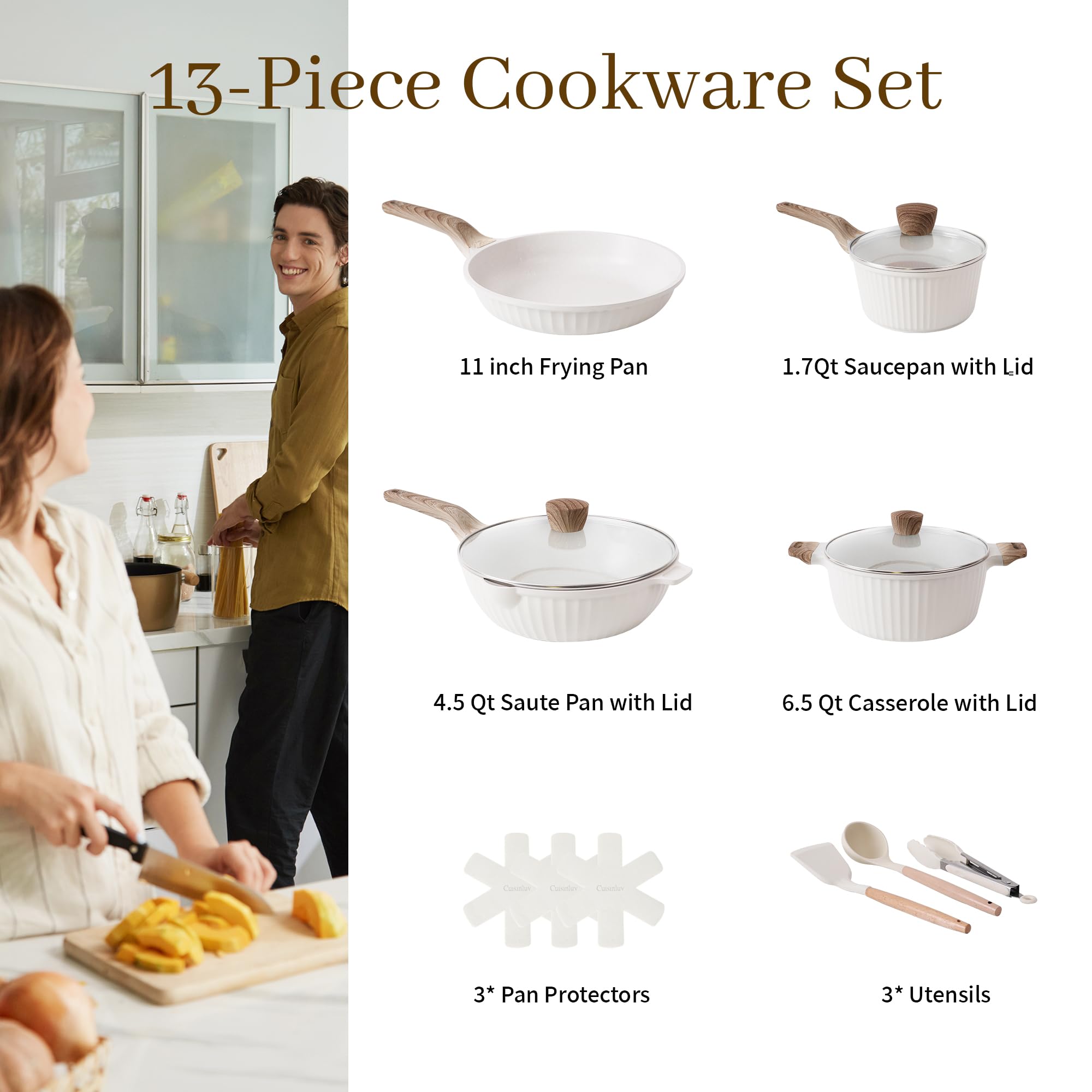 Cuisinluv Pots and Pans Set Non Stick, 13Pcs Kitchen Cookware Sets, Granite Stone Induction Cookware Non Stick Cooking Set w/Frying Pans, Saucepans, Sauté Pan (PFOA Free), White