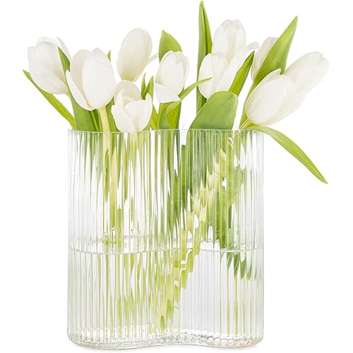 MOLIMAO Glass Vase for Centerpieces,Modern Large Vase for Flowers,Footprint Shape Striped Bottle for Home,Office Restaurant Desk Decor 8.3 Inch(Clear)