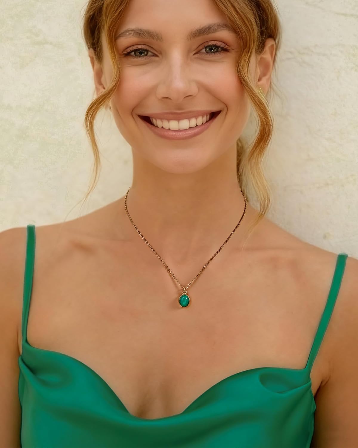 Emerald Green Gemstone Necklace for Women 14K Gold Plated Dainty Jade Pendant Necklaces Adjustable Vintage Jewelry Gift for Her - Image 2