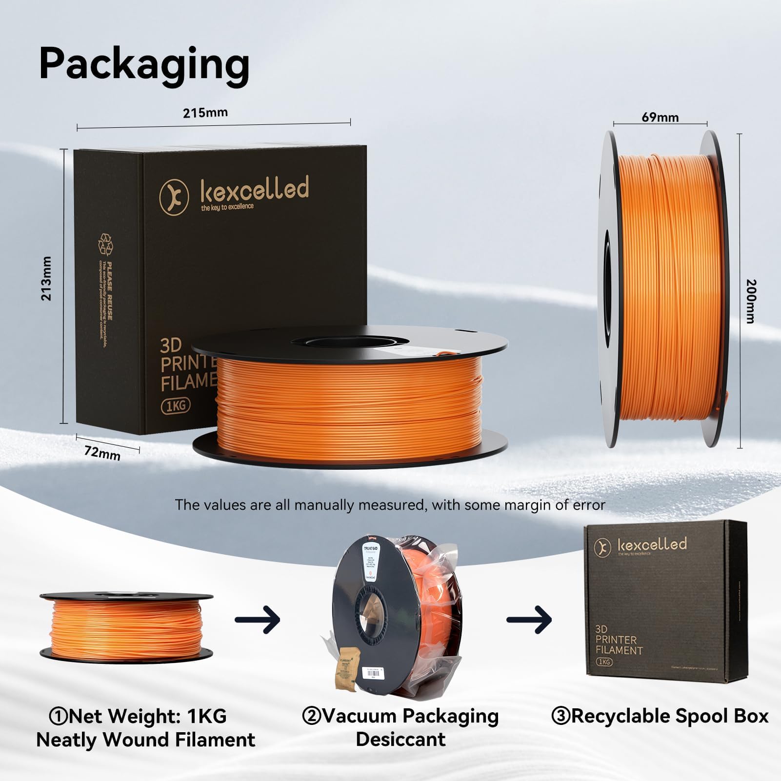 kexcelled Filamento TPU 64D Negro Pack 1,75mm 2kg | Alta Dureza, Resistencia al Desgaste, Material 3D Compatible con la Mayoría de las Impresoras FDM