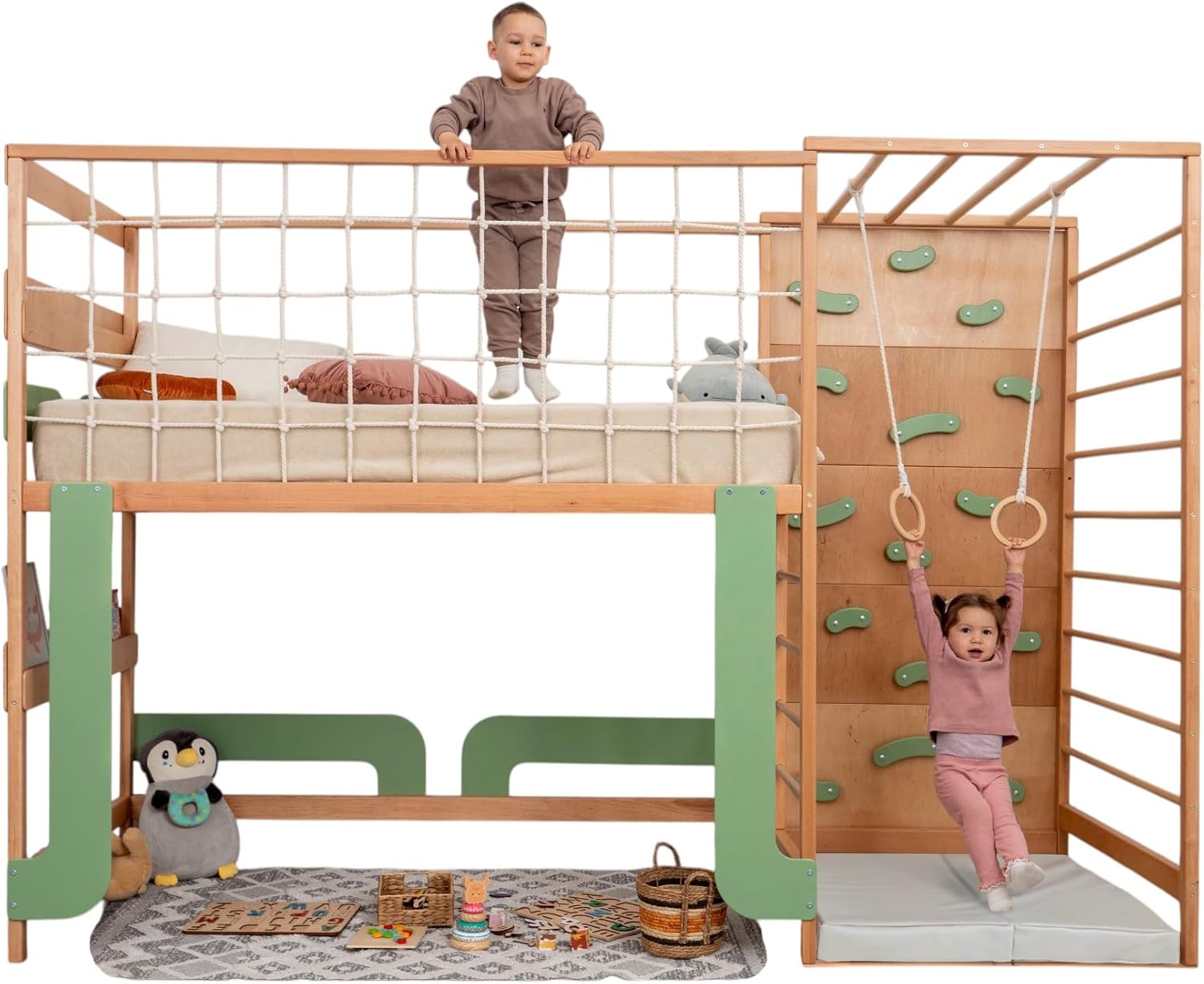 BUSY WOOD Montessori Twin Bunk Bed for Toddlers - Jungle Gym Bed for Sleeping and Climbing