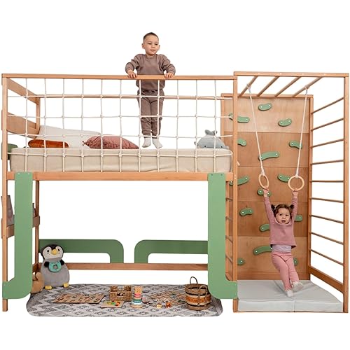 BUSY WOOD Montessori Twin Bunk Bed for Toddlers - Jungle Gym Bed for Sleeping and Climbing