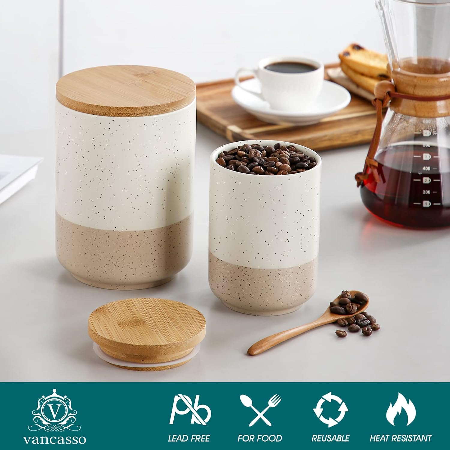 vancasso Sabine Small Ceramic Canister with Airtight Wood Lid - 18 oz Kitchen Storage for Coffee, Sugar, Tea & Spices - Compact Countertop Jar image 3
