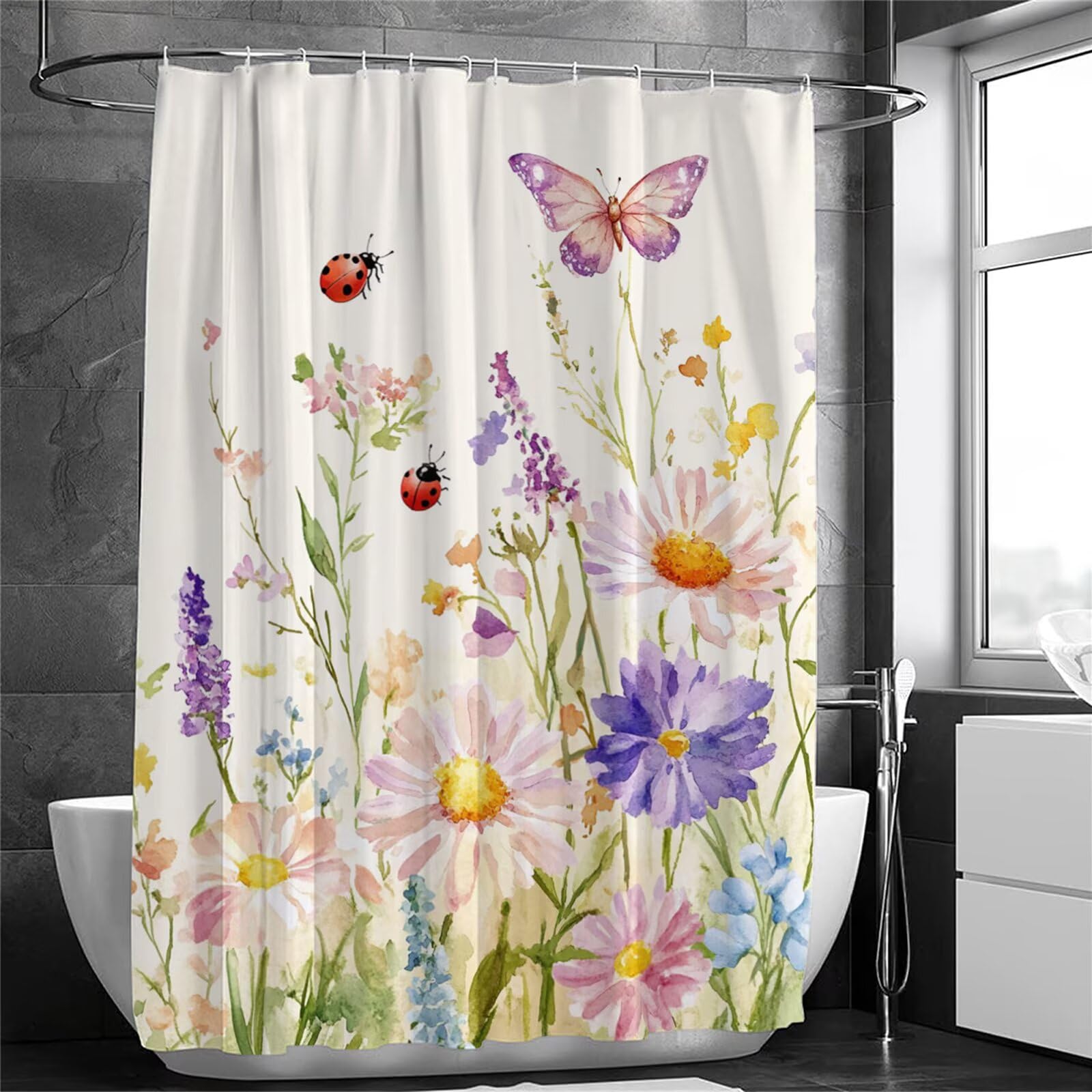 Zasłona prysznicowa w kwiaty, 200 x 240 cm, bardzo długa zasłona prysznicowa do łazienki, motyl, wodoodporna zasłona na drzwi z haczykami i obciążonym obszyciem, nadaje się do prania, szybkoschnąca
