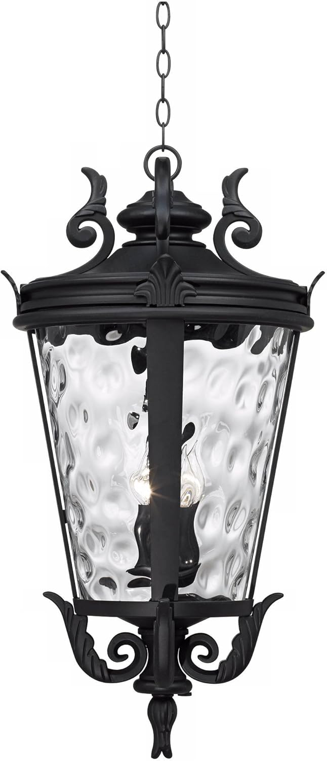 John Timberland Casa Marseille European Outdoor Hanging Ceiling Light Textured Black Scroll 30" Clear Hammered Glass Damp Rated for Exterior House Porch Patio Outside Deck Garage Front Door Home