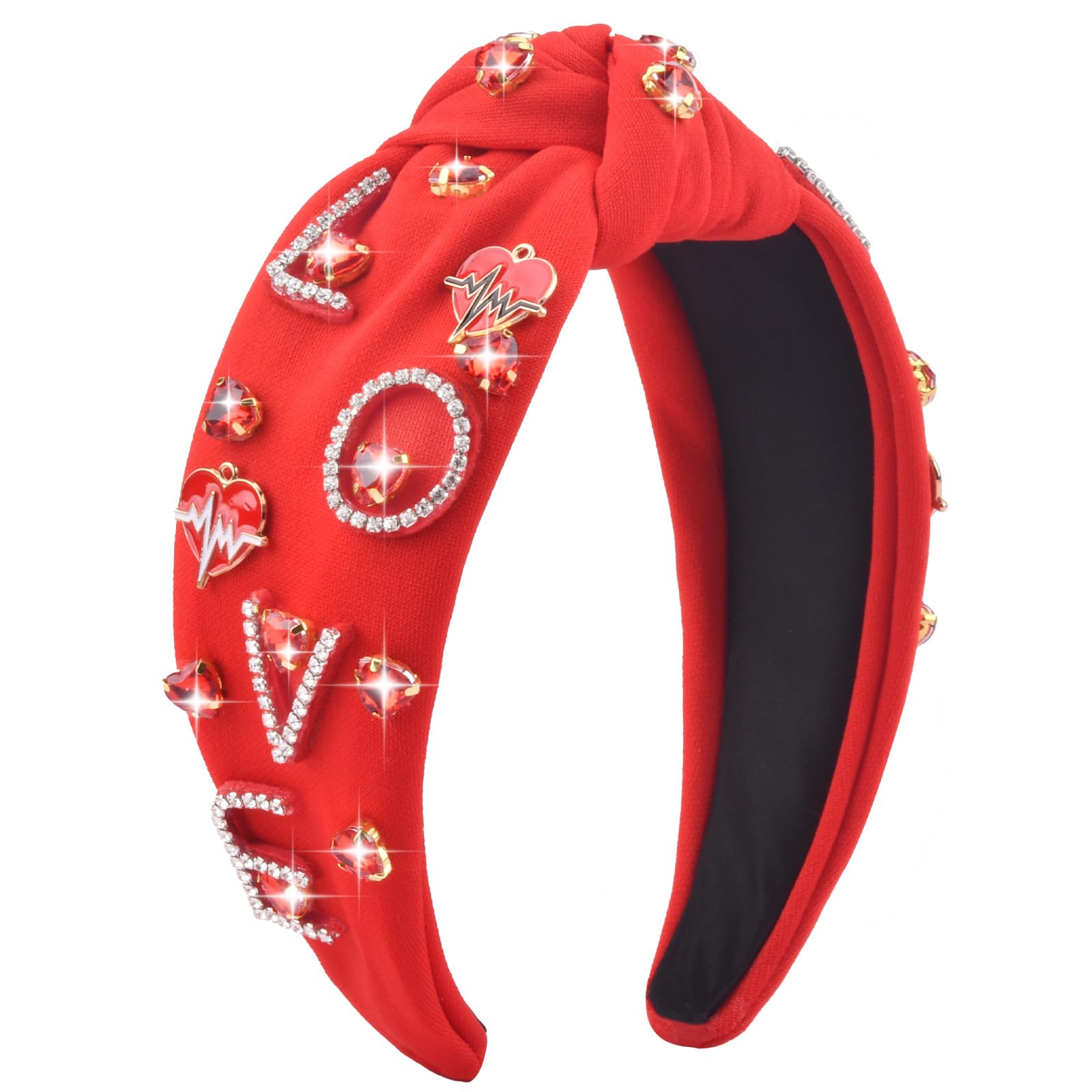 ABONDEVER Valentine's Day Headbands for Women Love Letter Rhinestone Red Headband Big Red Jeweled Gem Crystal Top Knot Headbands Valentines Hair