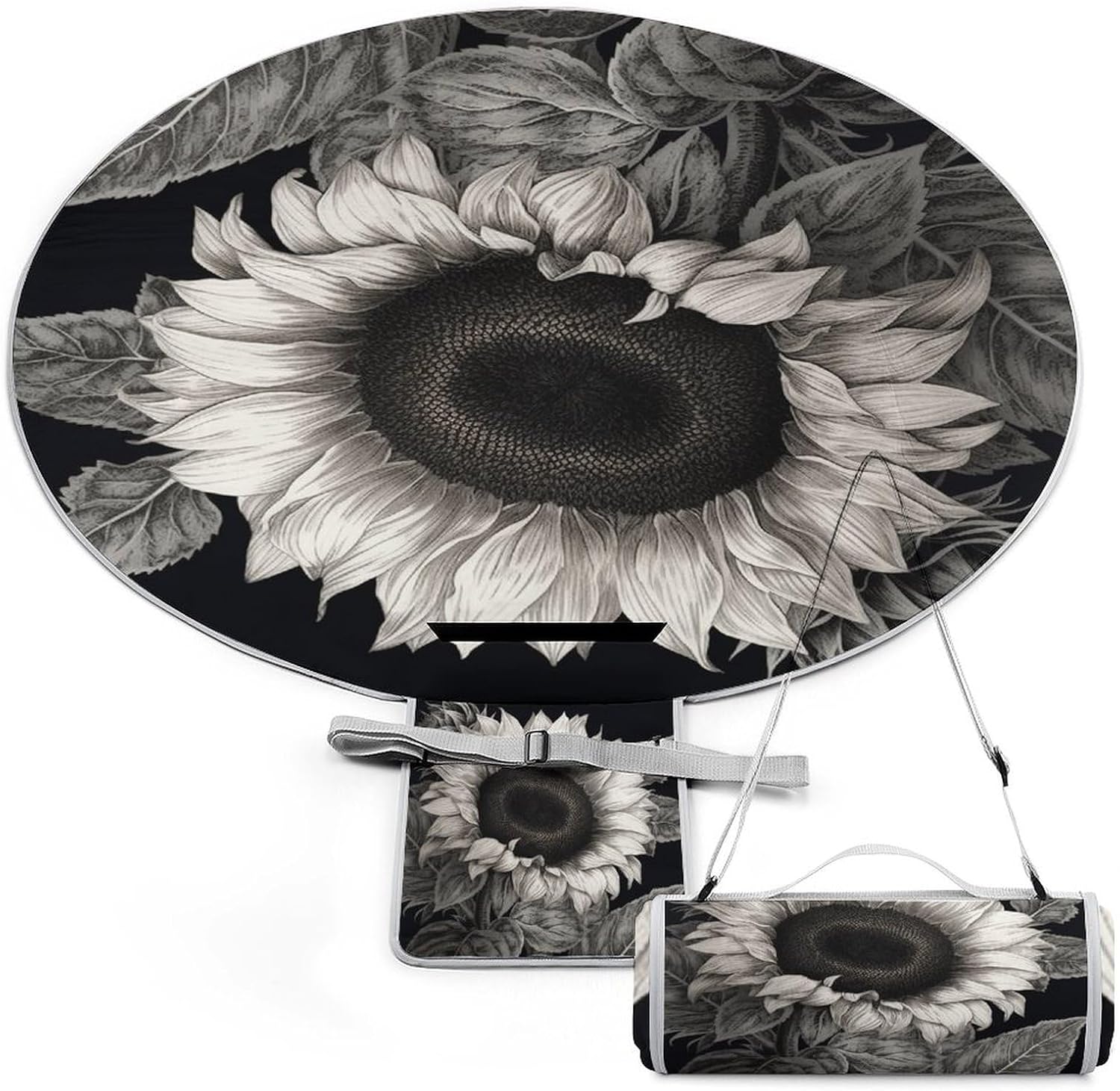 Extra Large Picnic Blanket Beach Blankets,Sunflower Black Grey Print Picnic Blanket,Foldable Beach Blanket for Camping Park Beach Grass