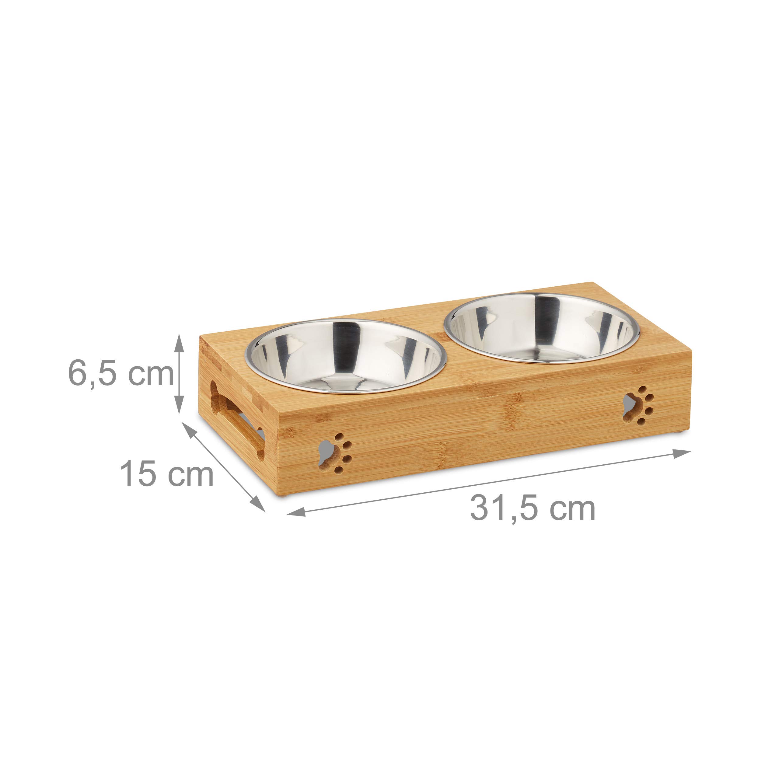 Relaxdays Ciotole Rialzate per Piccoli Cani, 2 Scodelle da 300 ml, in Bambù & Acciaio Inossidabile, naturale/argento