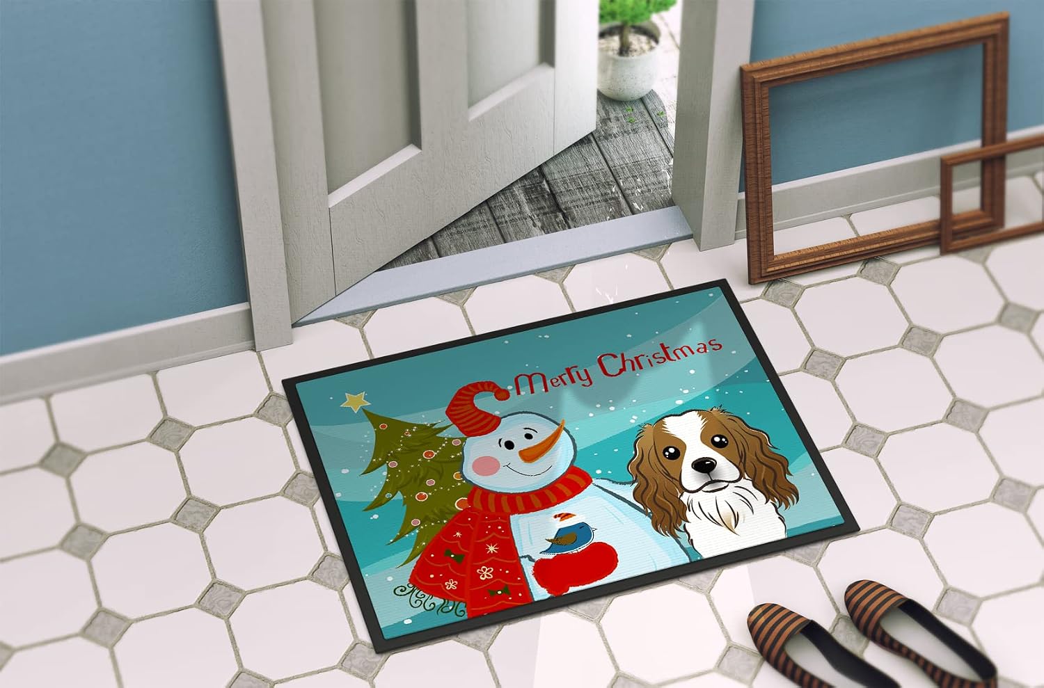 Caroline's Treasures BB1844MAT Snowman with Cavalier Spaniel Doormat 18x27 Front Door Mat Indoor Outdoor Rugs for Entryway, Non Slip Washable Low Pile, 18H X 27W