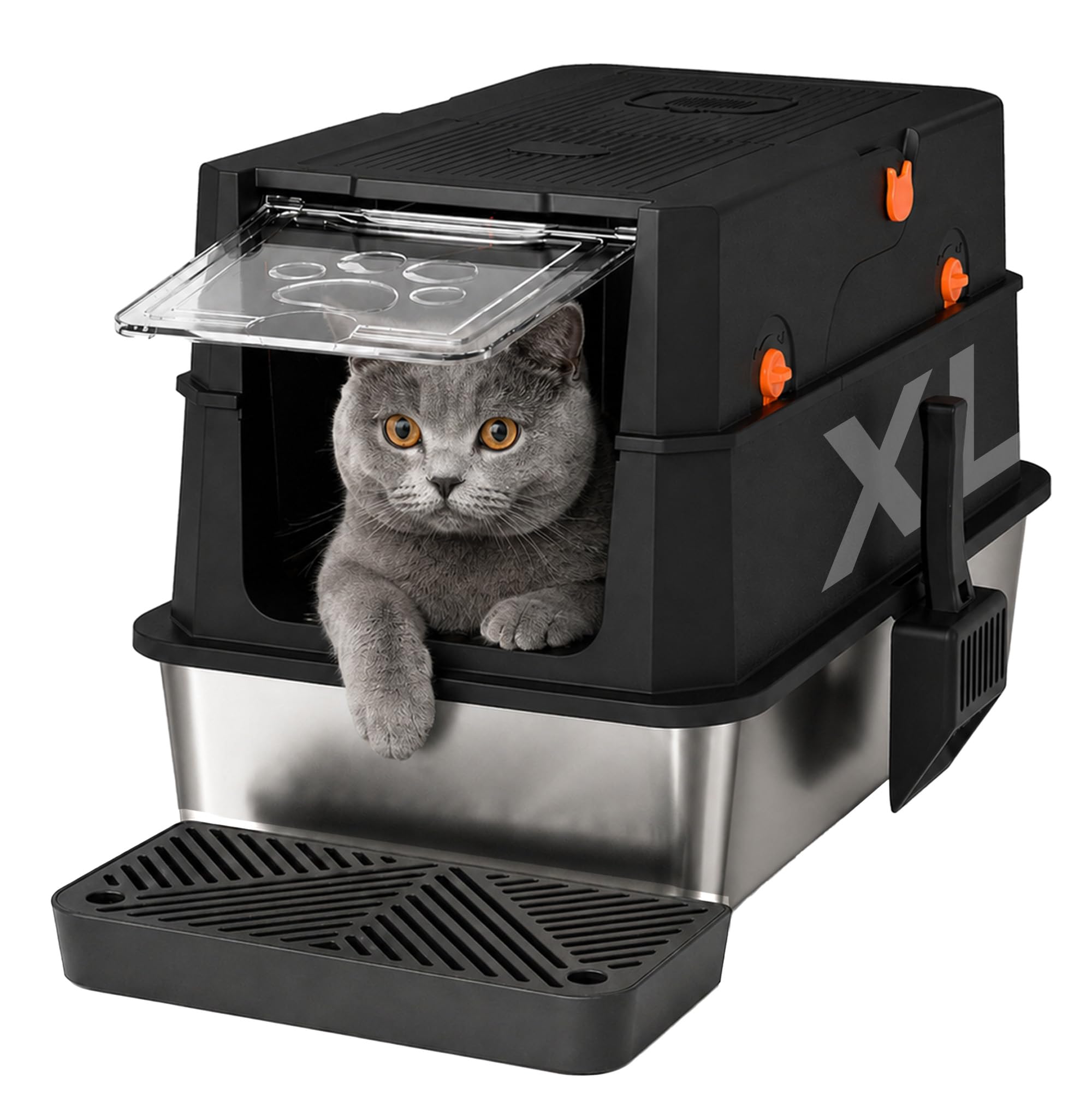 Gimars Lettiera per Gatti 3 in 1 in Acciaio Inox, Cassetta Chiusa con Bordi Alti, Extra Large con Paletta, Ingresso Frontale e Superiore
