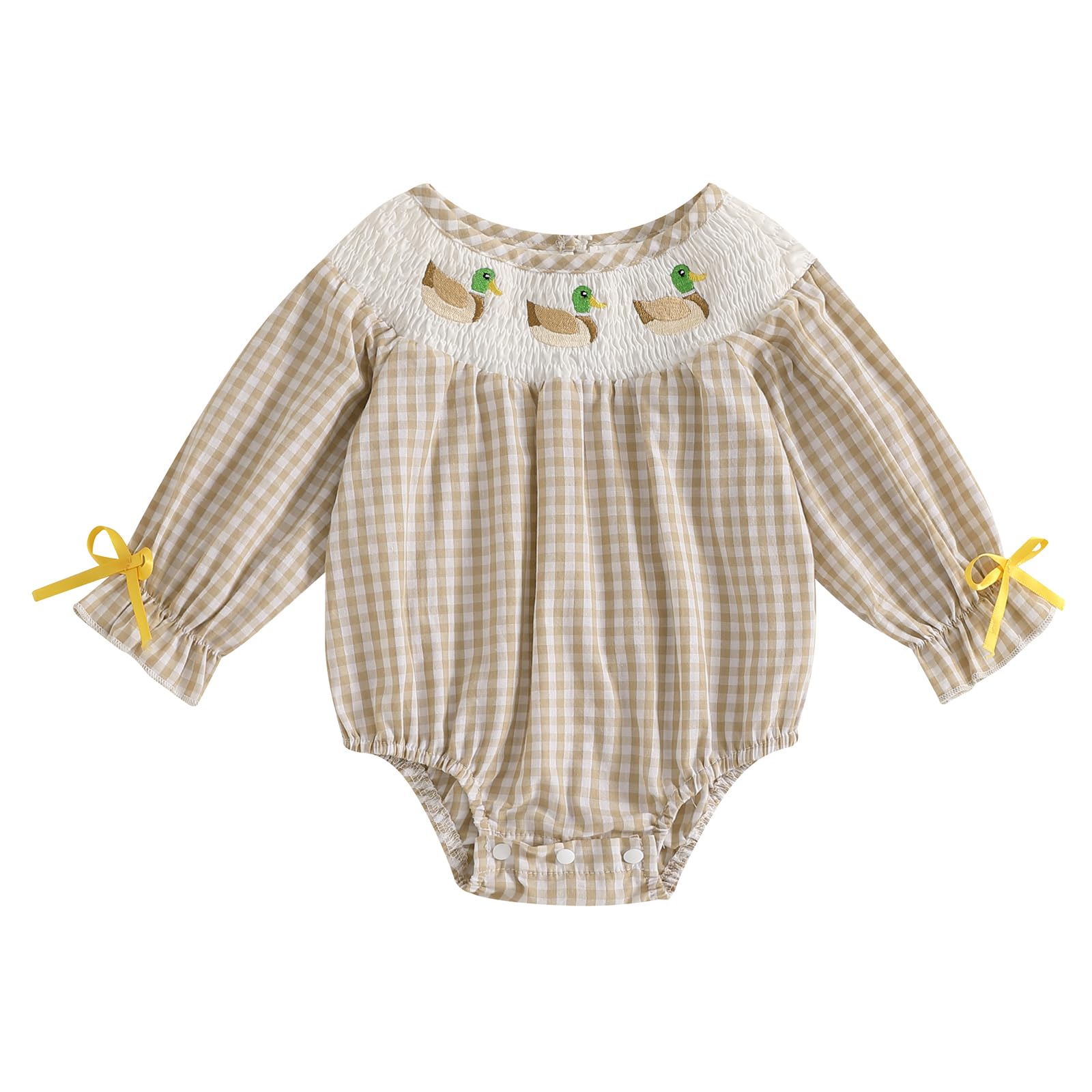 SAYOO Baby Girls Duck Romper Mallard Duck Embroidery Smocked Bubble Romper Bodysuit Newborn Infant Toddler Hunting Outfit (Khaki, 3-6 Months)
