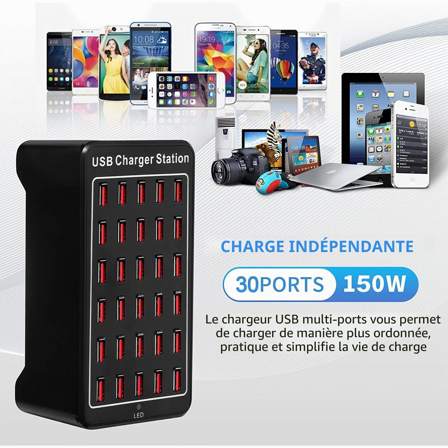 Chargeur USB 30 Ports,150W/30A Chargeur USB intelligent, Hub de charge de bureau 30 en 1, Station de charge multi-ports Organisateur pour Samsung/iPhone/iPad/Google Pixel/Tablettes et électronique USB
