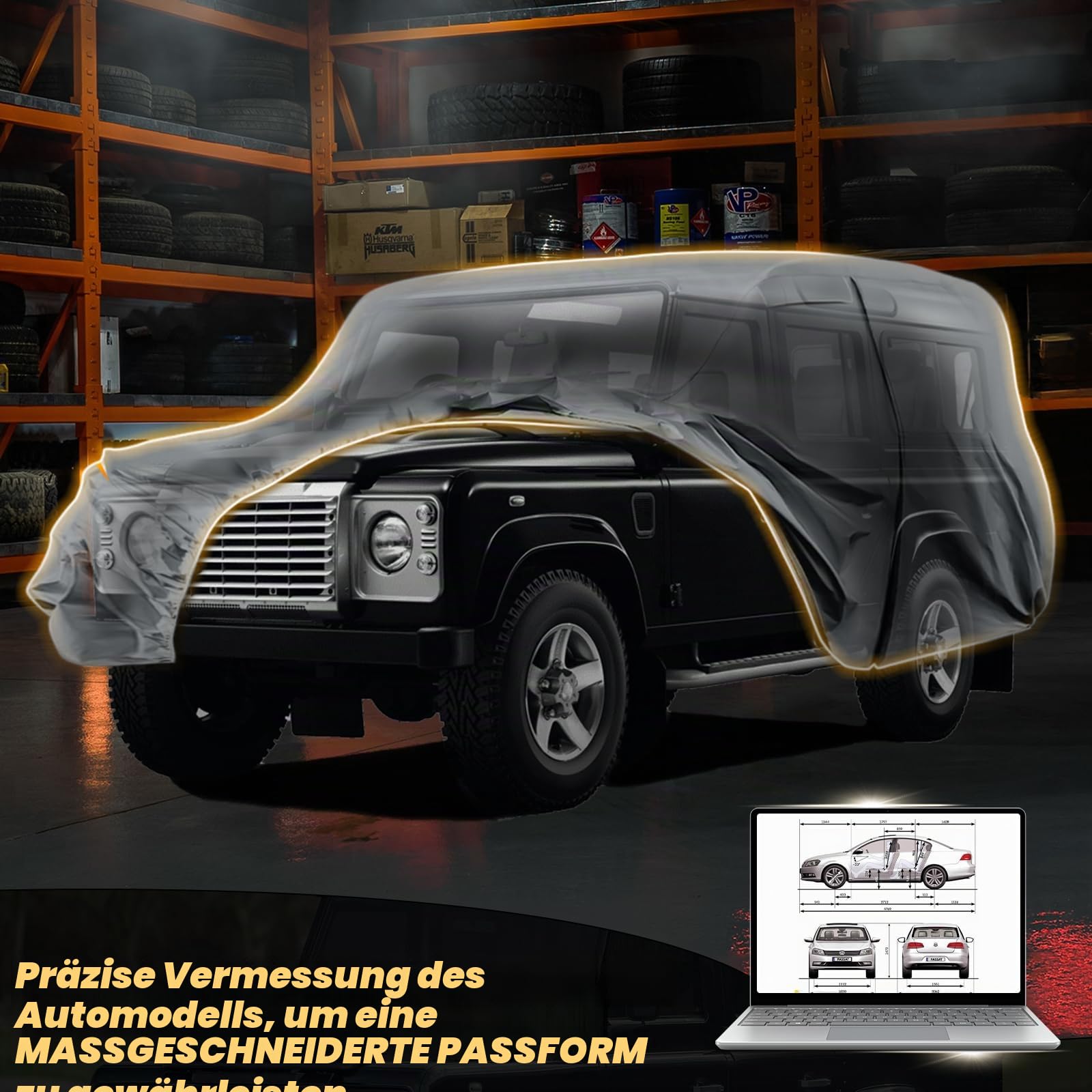 Autoabdeckung Wasserdicht für Land Rover Defender 110 1990-2016 | Grau Vollgarage Autoplane Auto Abdeckplane Winter Sommer Allwetter Outdoor Abdeckung mit Reißverschluss Tür, Windschutzbänder