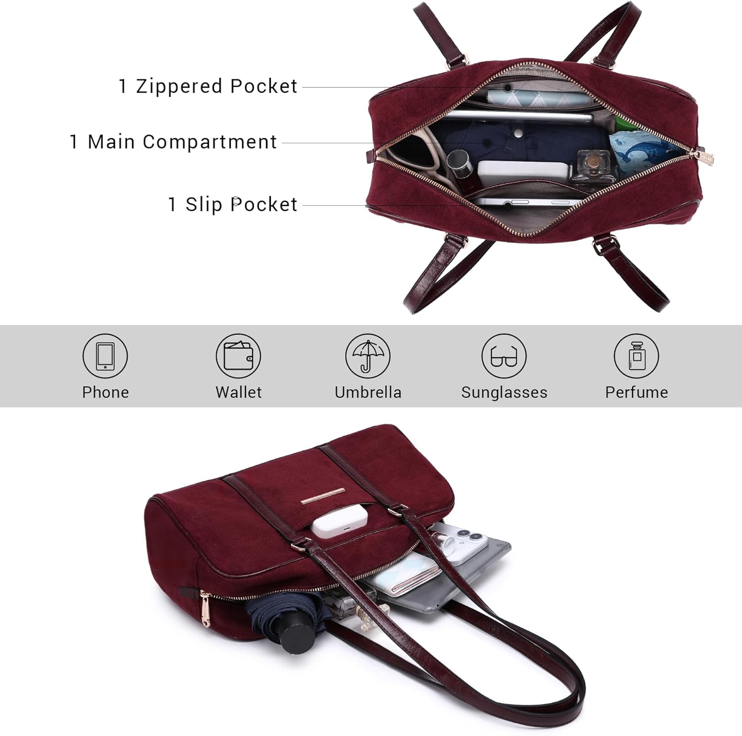 Dasein Faux Suede Shoulder Purses Retro Hobo Handbag Boston Style Bag East West Satchel for Women - Image 5